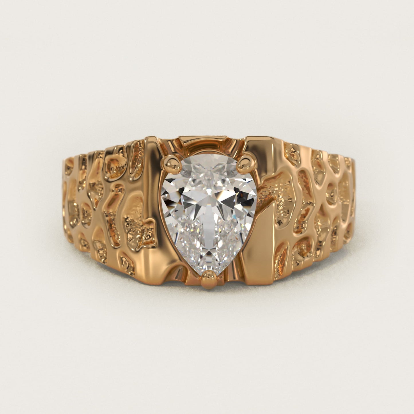 Men's Nugget Engagement Ring in 18k Yellow Gold - Pear Center