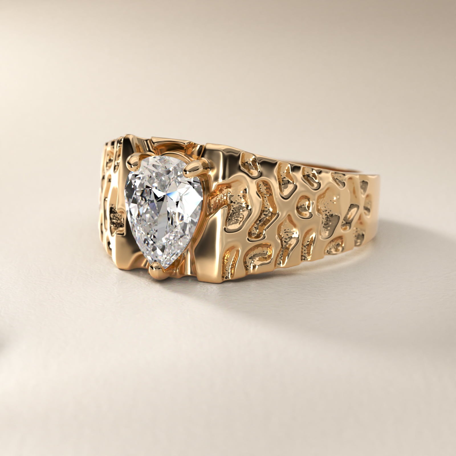Men's Nugget Engagement Ring in 18k Yellow Gold - Pear Center