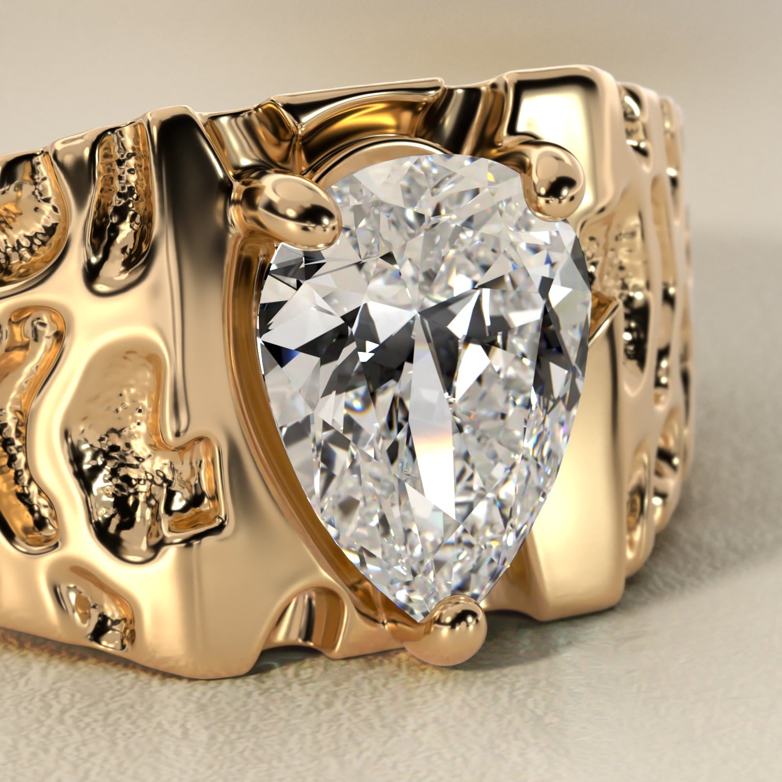 Men's Nugget Engagement Ring in 18k Yellow Gold - Pear Center
