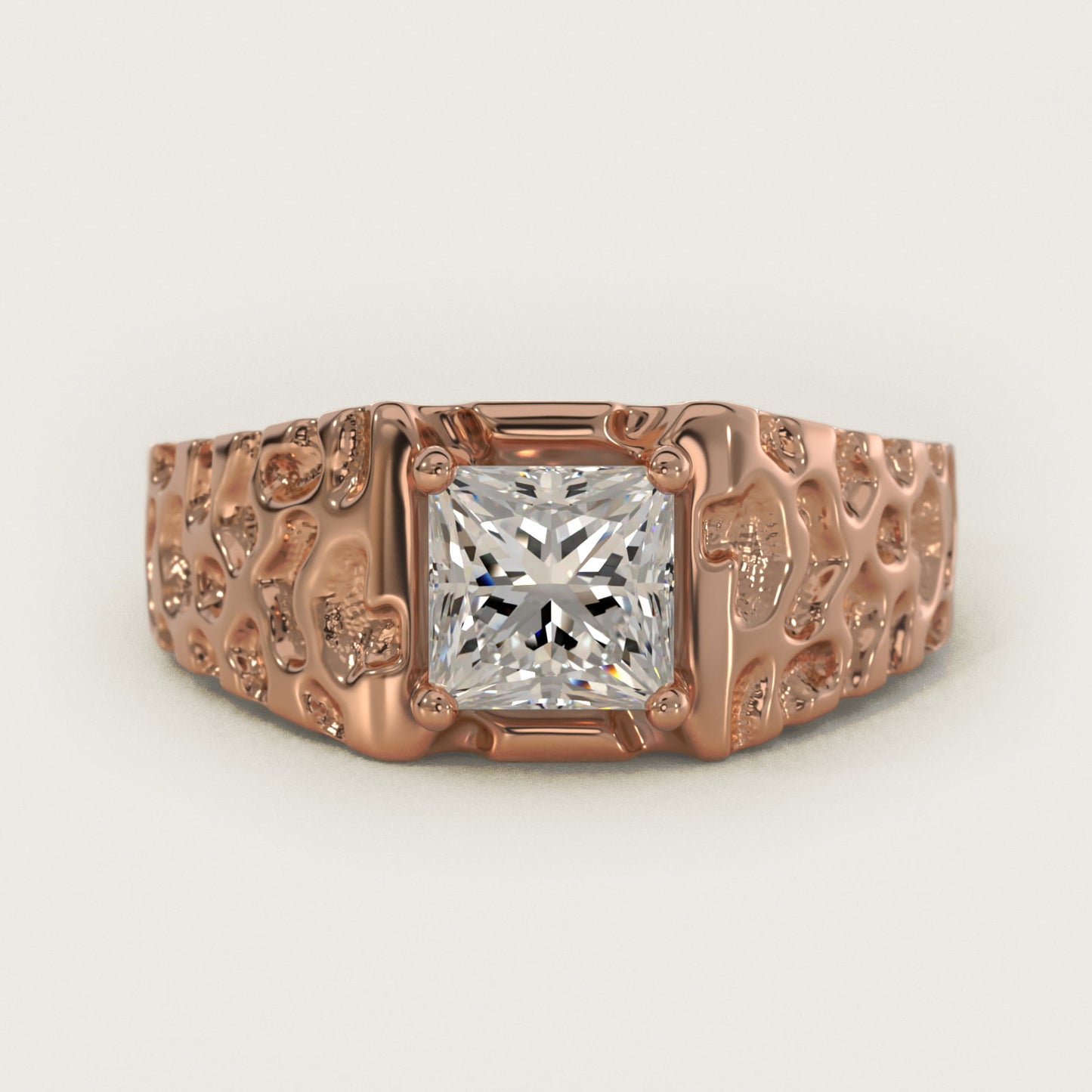 Men's Nugget Engagement Ring in 14k Rose Gold - Princess Center