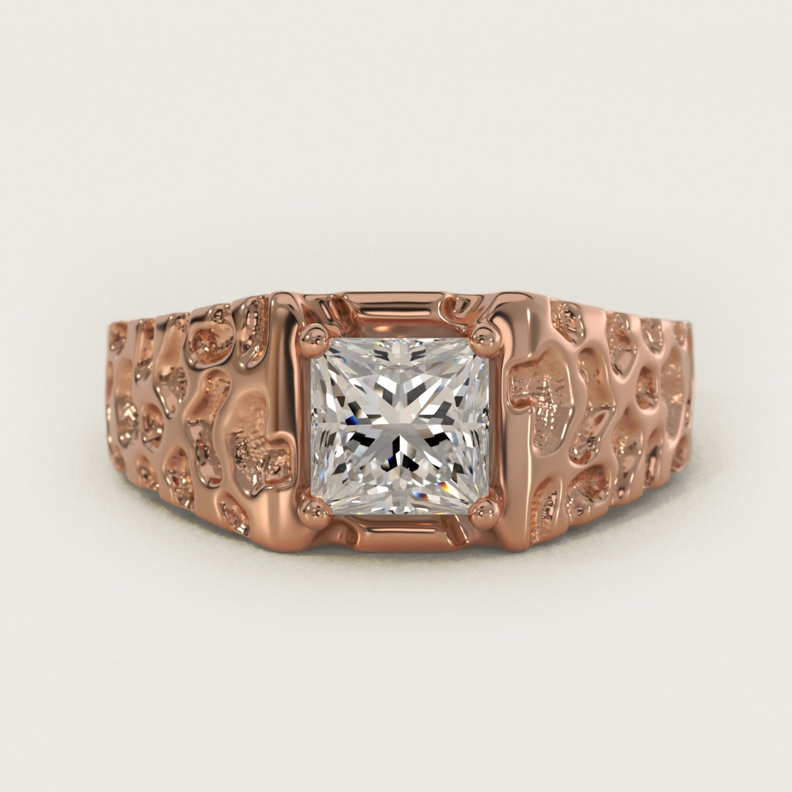 Men's Nugget Engagement Ring in 14k Rose Gold - Princess Center