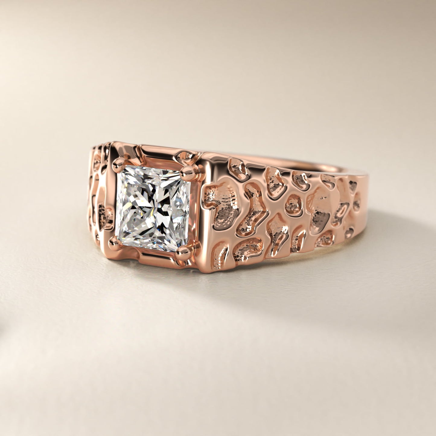 Men's Nugget Engagement Ring in 14k Rose Gold - Princess Center