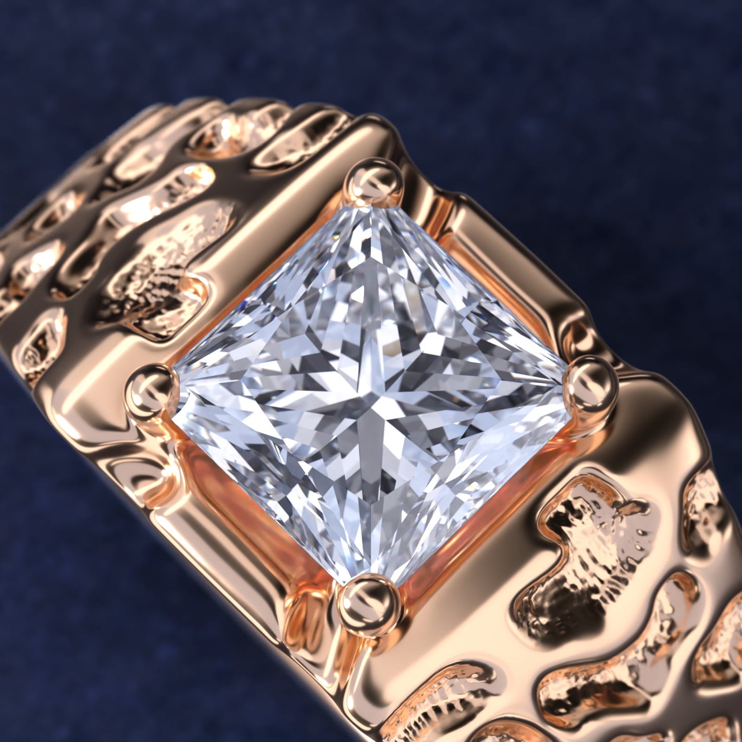 Men's Nugget Engagement Ring in 14k Rose Gold - Princess Center
