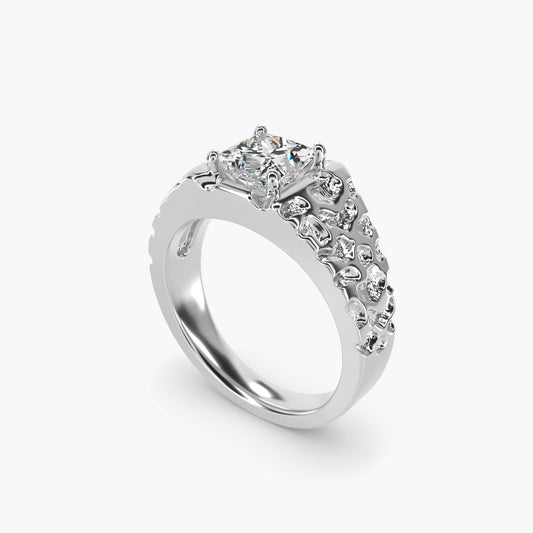 Men's Nugget Engagement Ring in 14k White Gold - Princess Center
