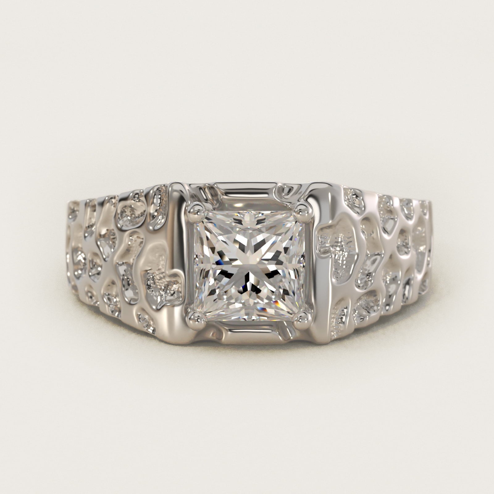 Men's Nugget Engagement Ring in 18k White Gold - Princess Center