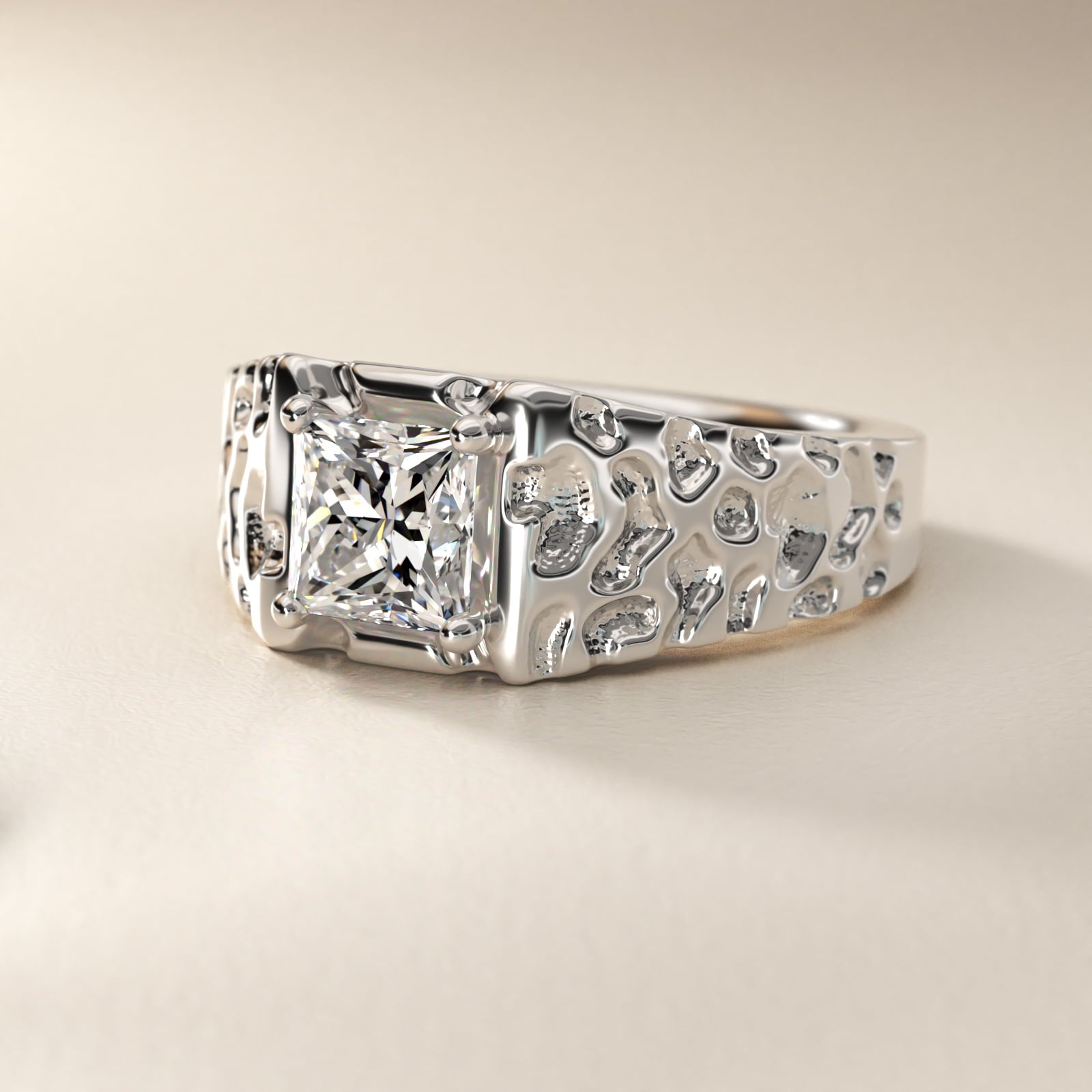 Men's Nugget Engagement Ring in 14k White Gold - Princess Center