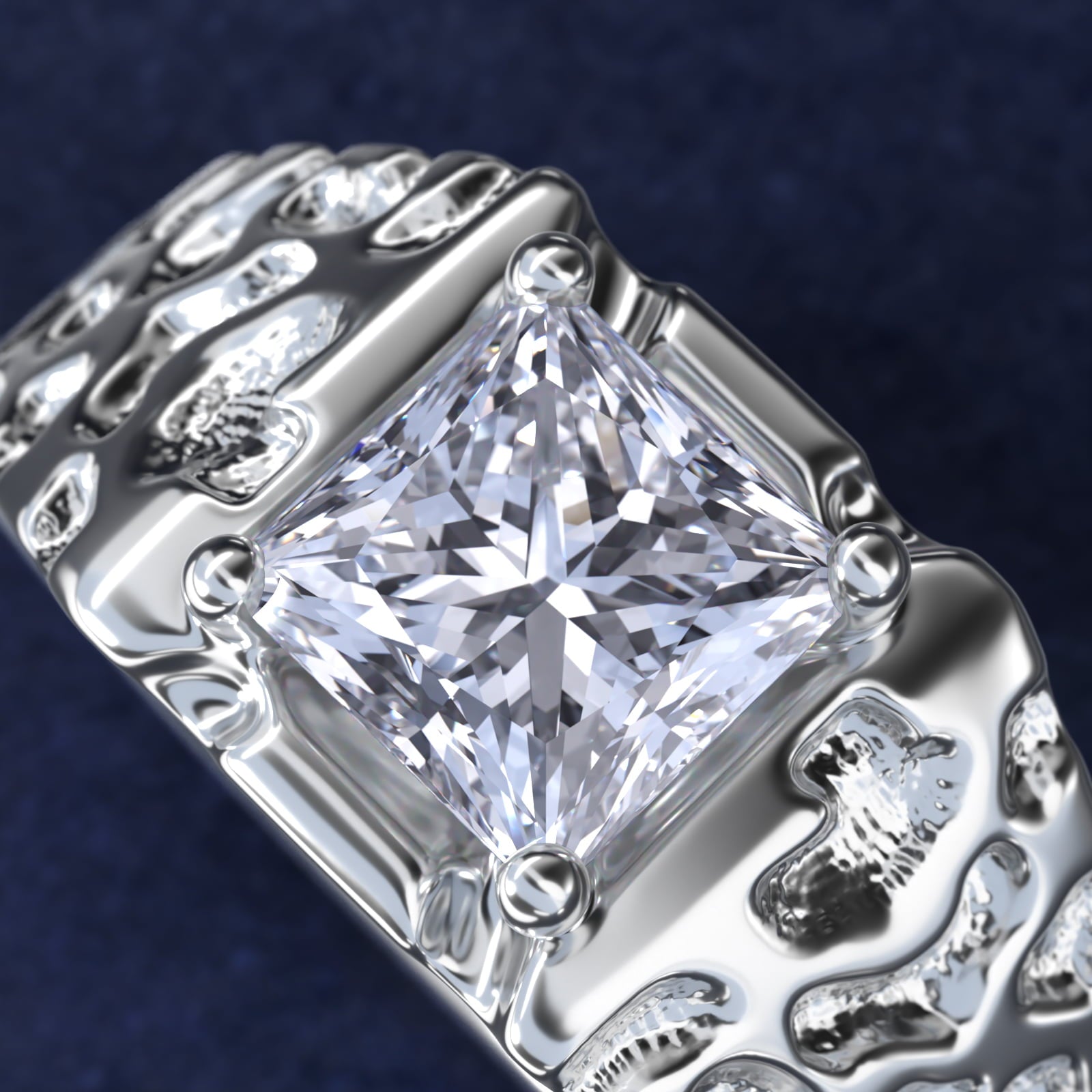 Men's Nugget Engagement Ring in 18k White Gold - Princess Center