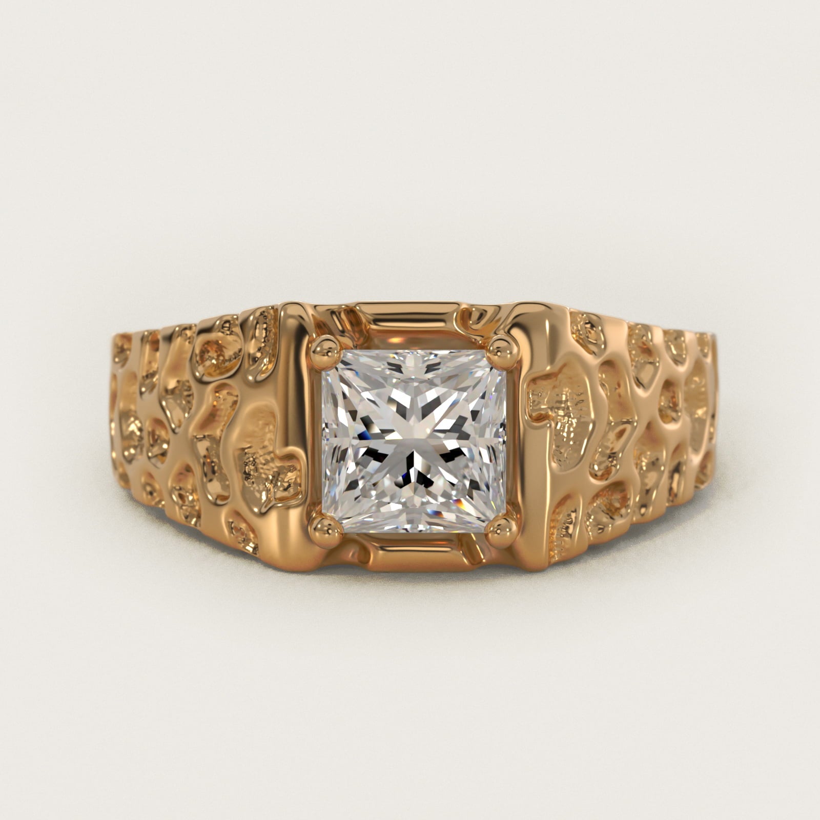 Men's Nugget Engagement Ring in 18k Yellow Gold - Princess Center