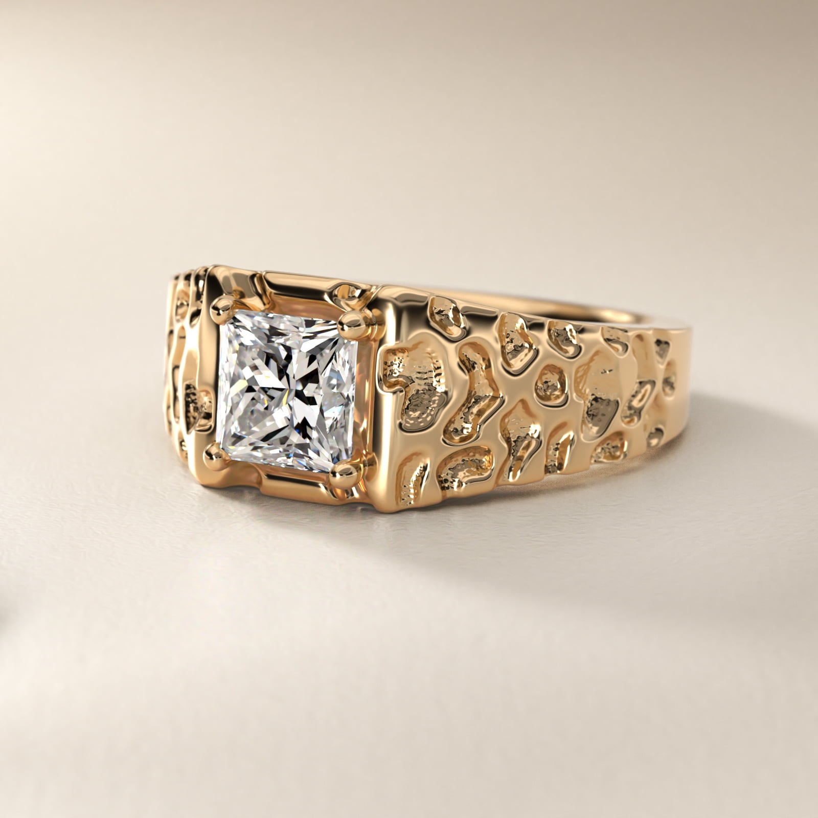 Men's Nugget Engagement Ring in 14k Yellow Gold - Princess Center