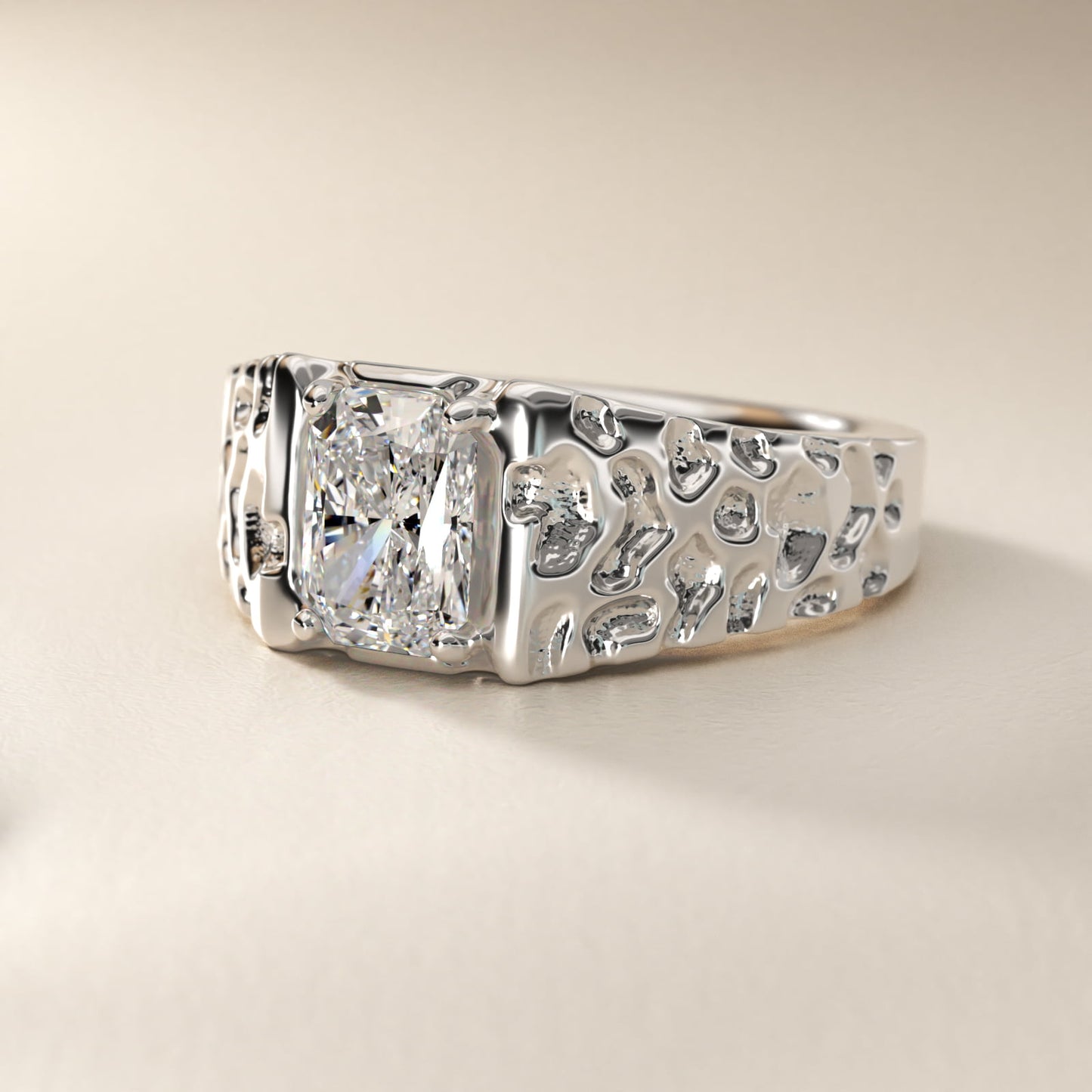 Men's Nugget Engagement Ring in 18k White Gold - Radiant Center