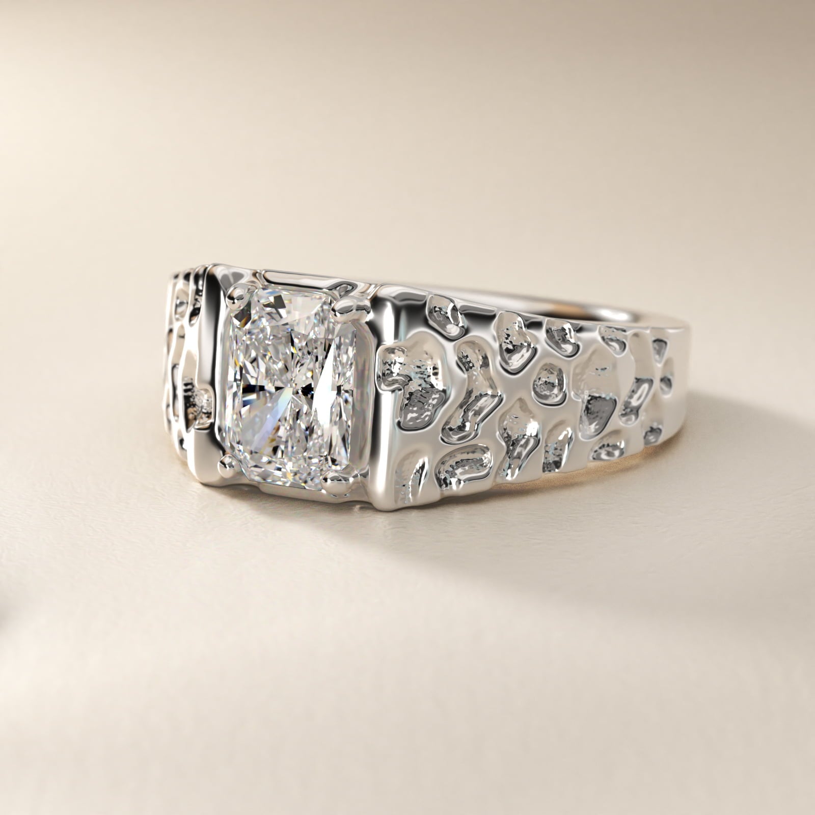 Men's Nugget Engagement Ring in 18k White Gold - Radiant Center