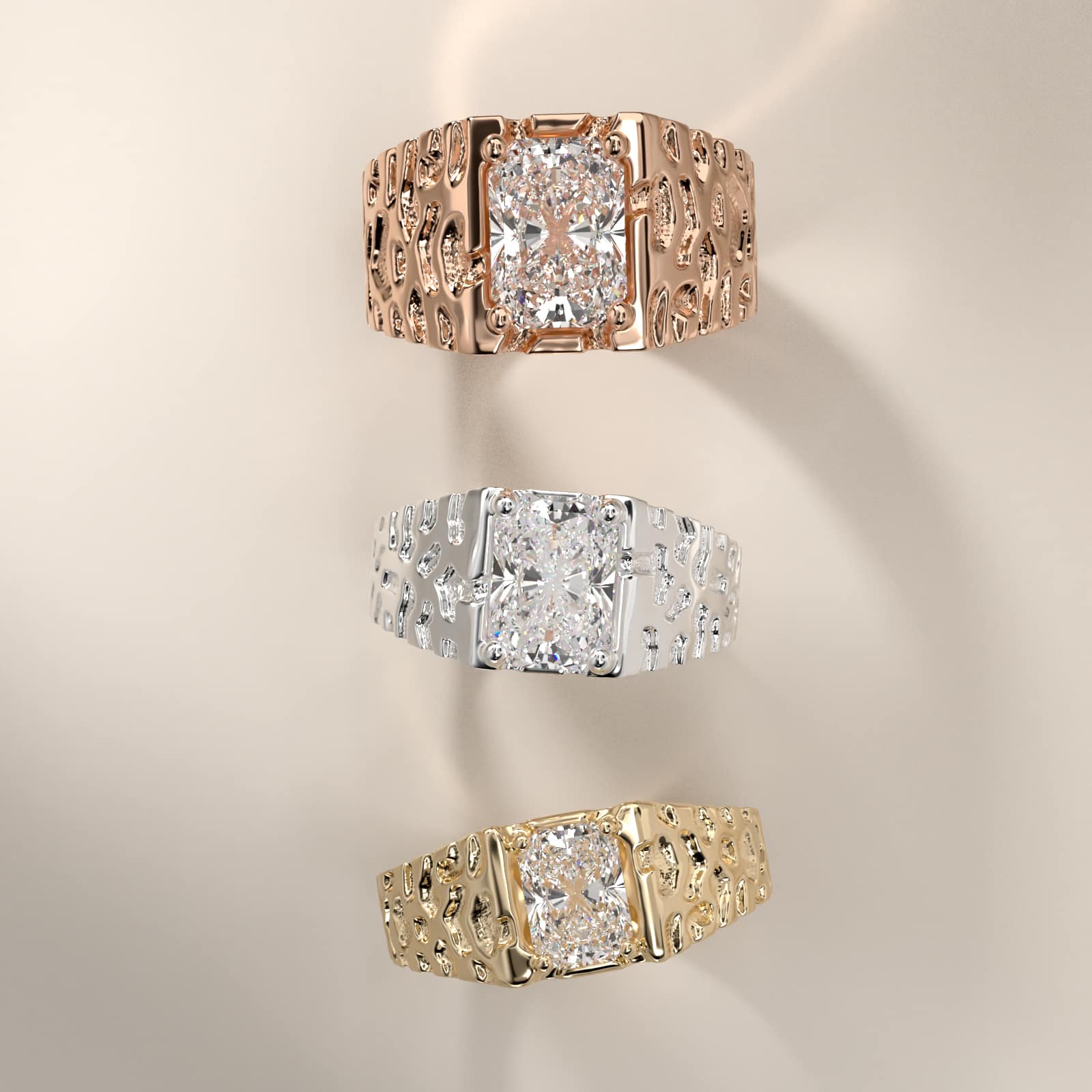 Men's Nugget Engagement Ring in 14k White Gold - Radiant Center