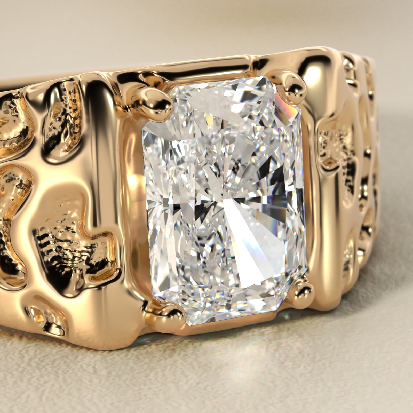 Men's Nugget Engagement Ring in 18k Yellow Gold - Radiant Center