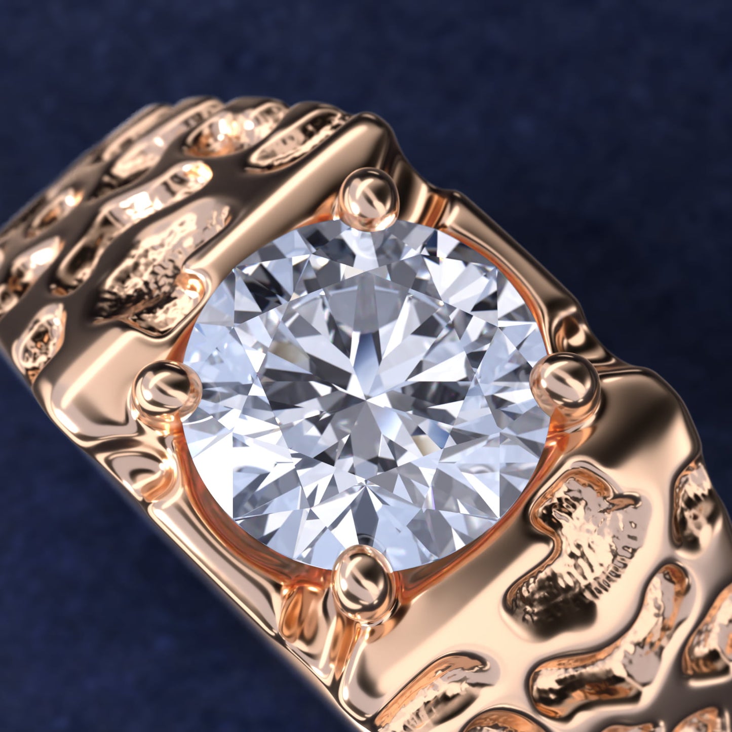 Men's Nugget Engagement Ring in 14k Rose Gold - Round Center