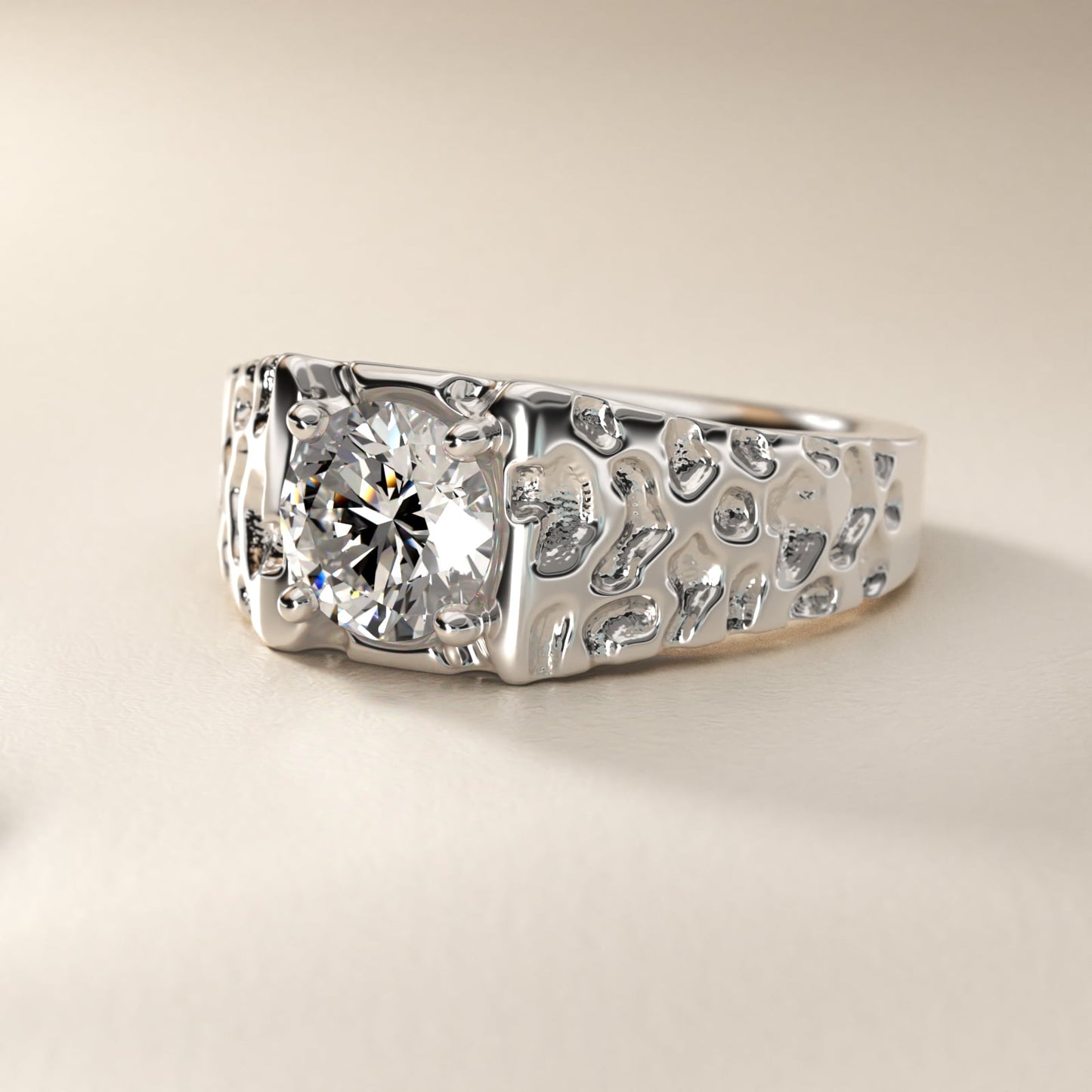 Men's Nugget Engagement Ring in 14k White Gold - Round Center