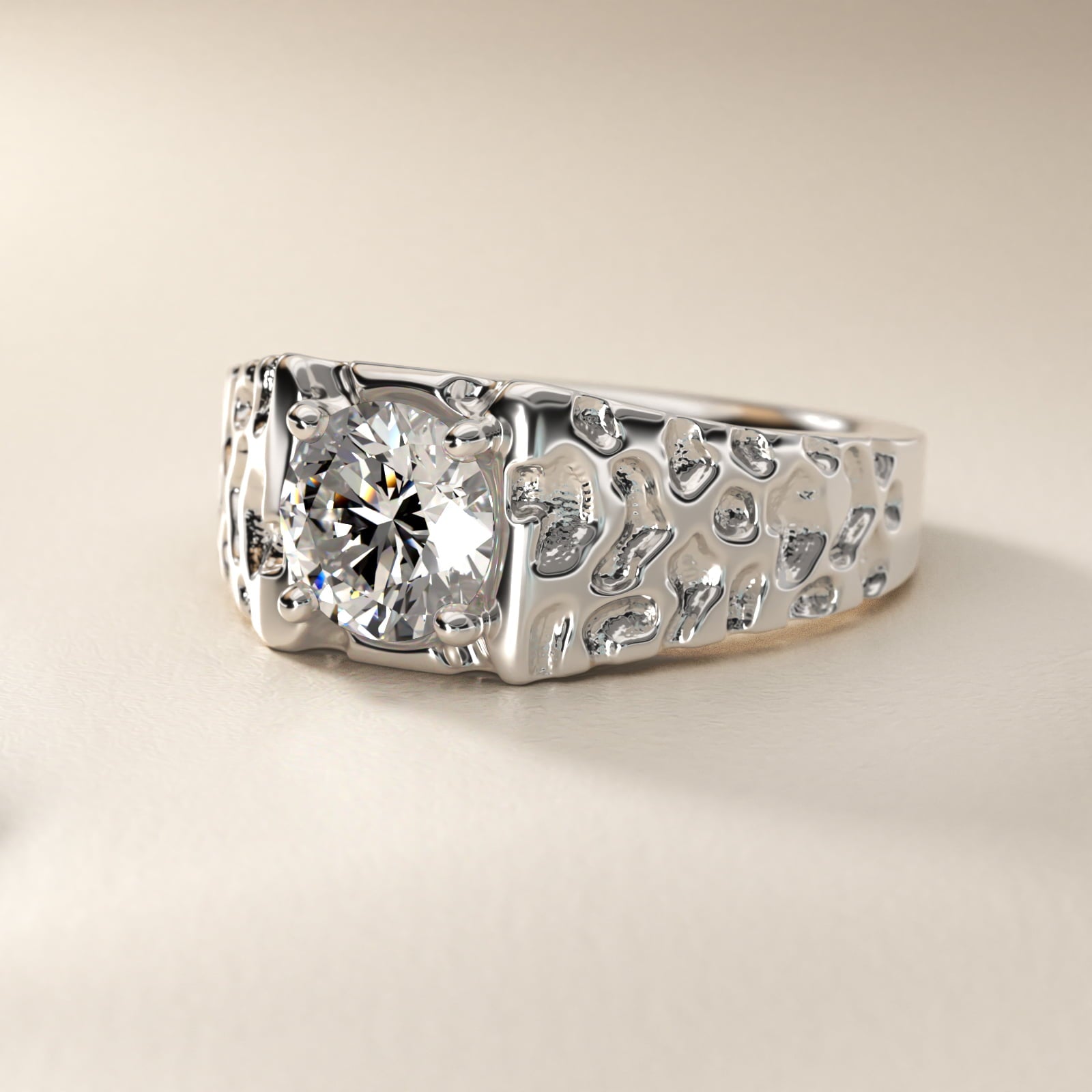 Men's Nugget Engagement Ring in 18k White Gold - Round Center