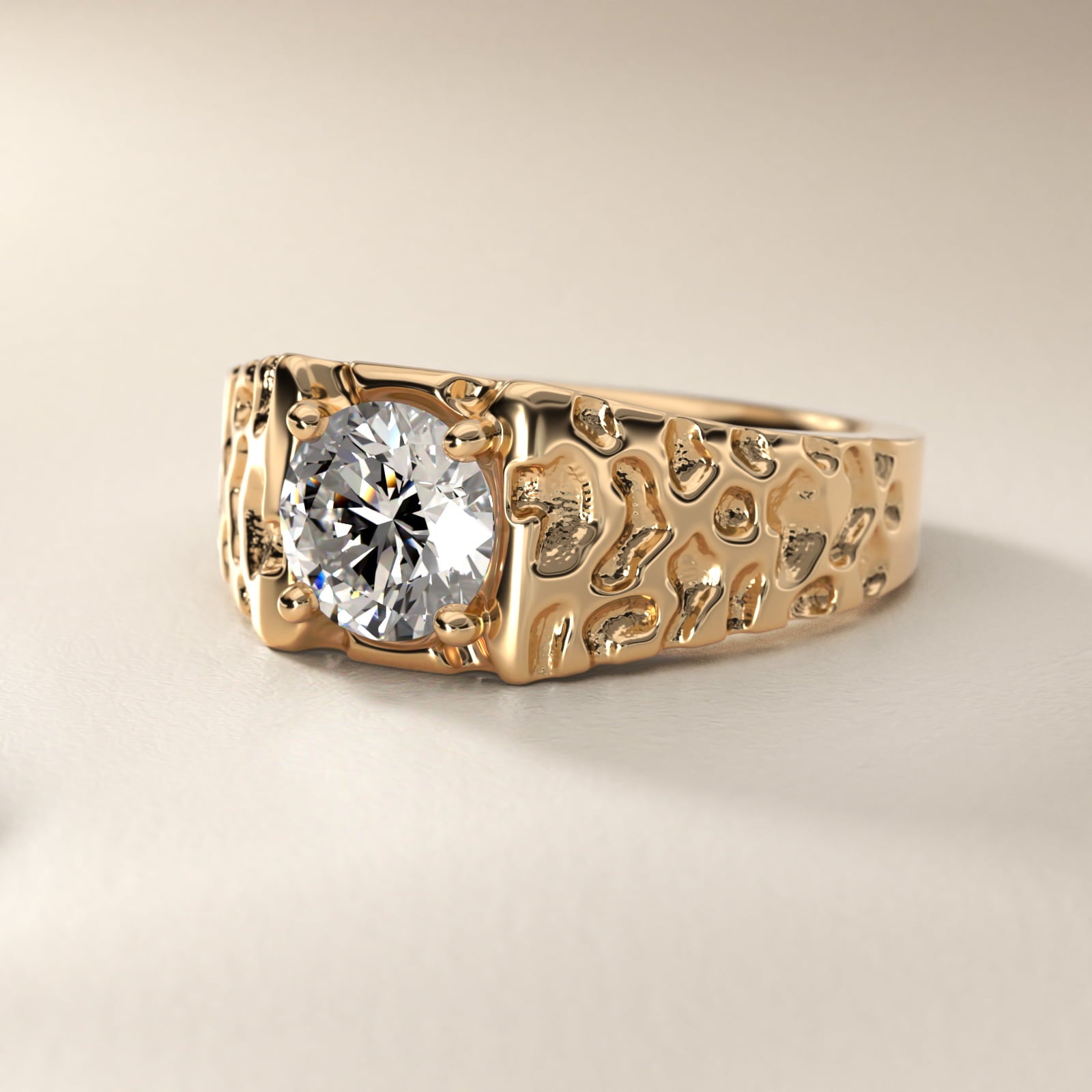 Men's Nugget Engagement Ring in 18k Yellow Gold - Round Center