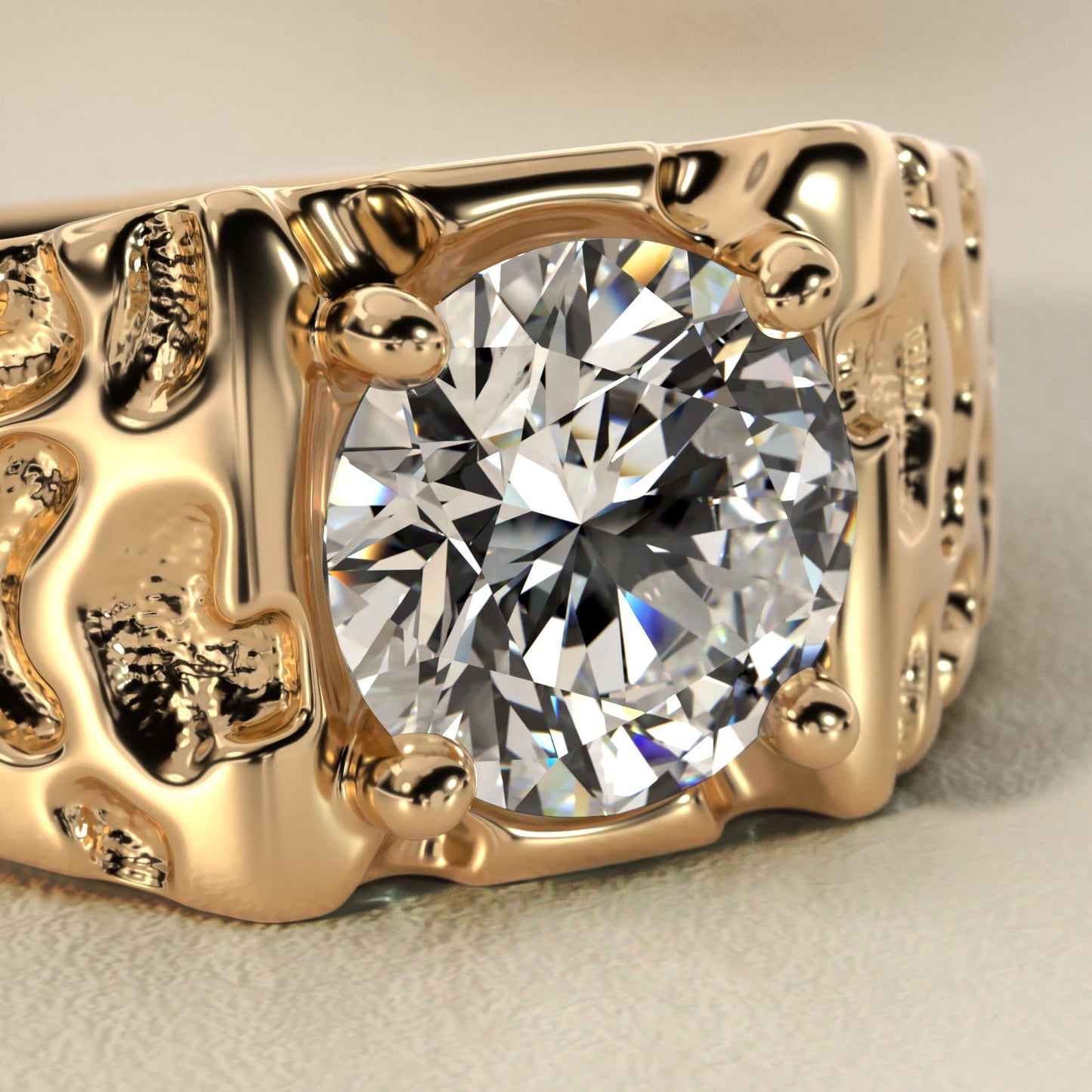 Men's Nugget Engagement Ring in 18k Yellow Gold - Round Center