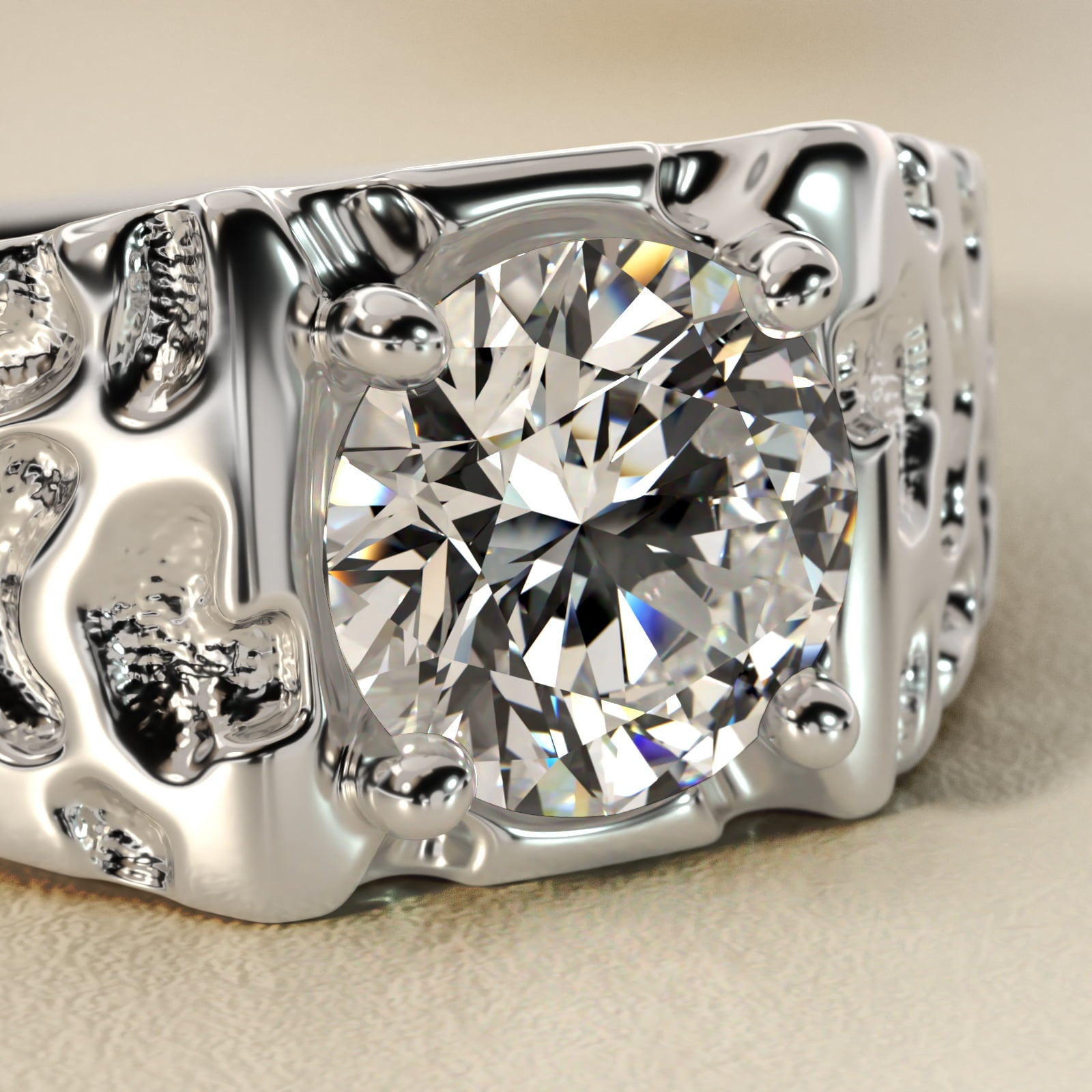 Men's Nugget Engagement Ring in Platinum - Round Center