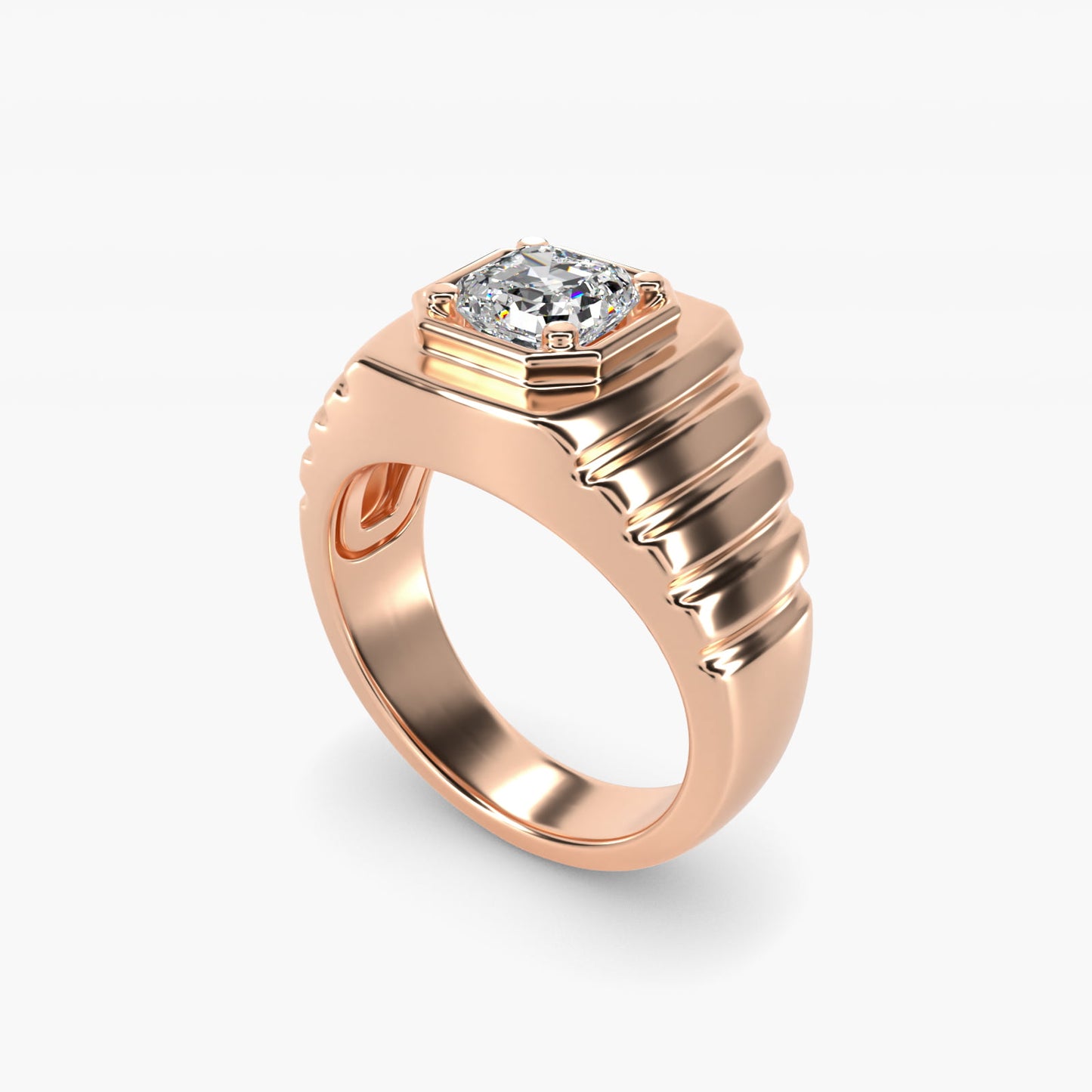 Men's Ridged Solitaire Engagement Ring in 14k Rose Gold - Asscher Center