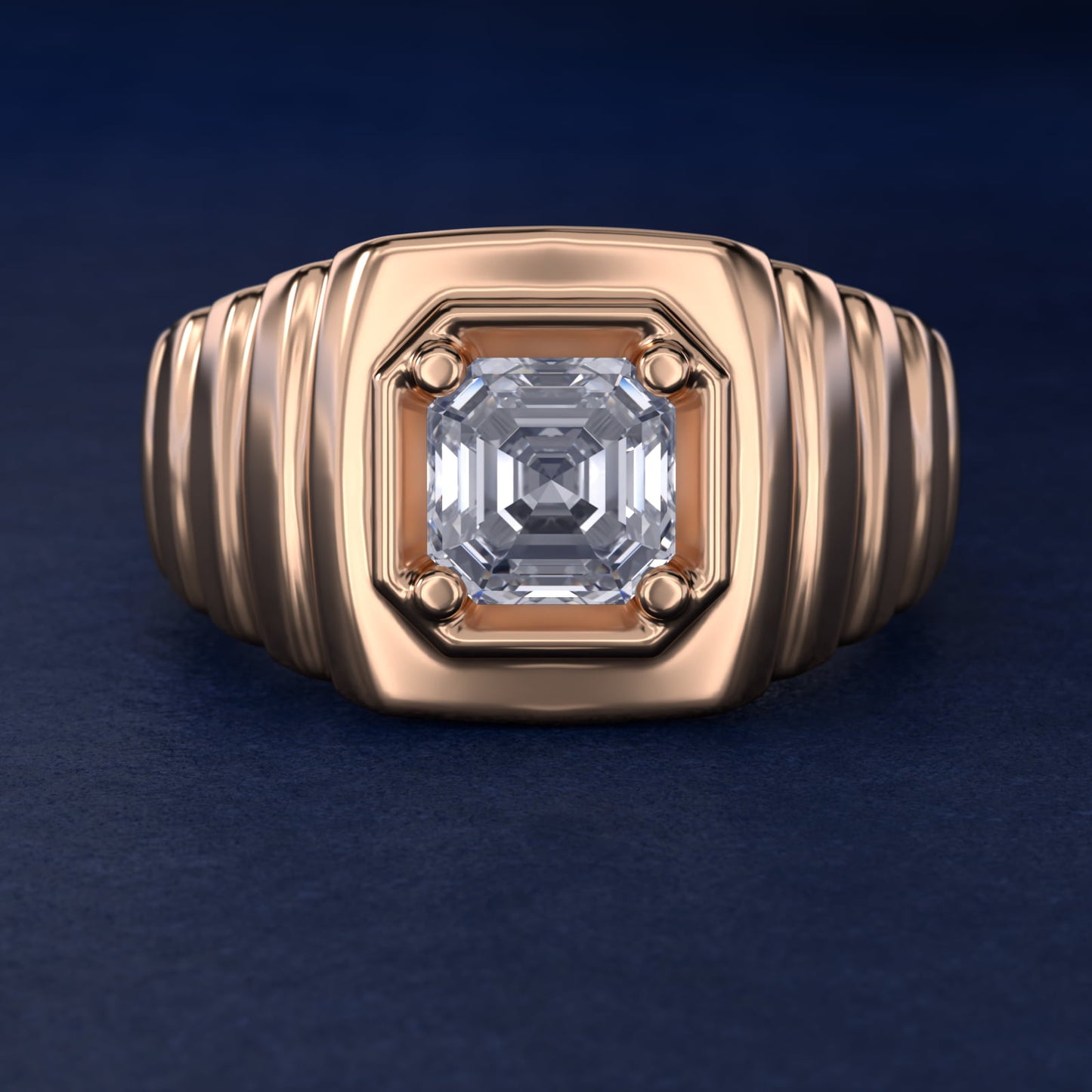 Men's Ridged Solitaire Engagement Ring in 14k Rose Gold - Asscher Center