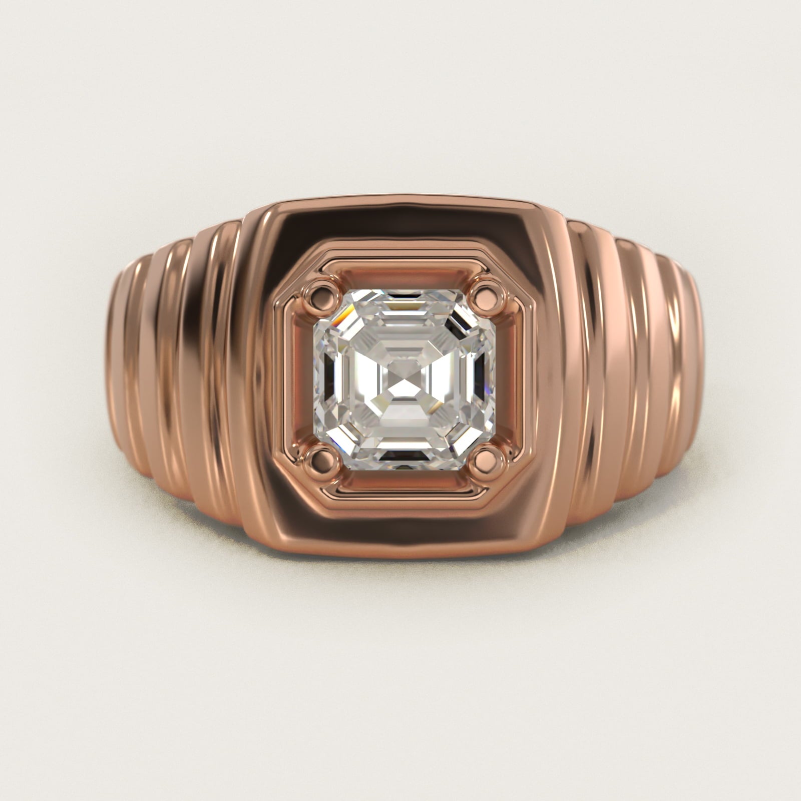Men's Ridged Solitaire Engagement Ring in 14k Rose Gold - Asscher Center