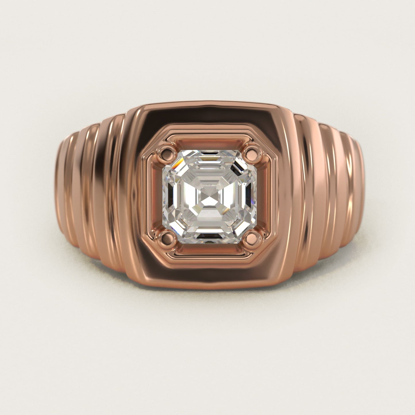 Men's Ridged Solitaire Engagement Ring in 18k Rose Gold - Asscher Center