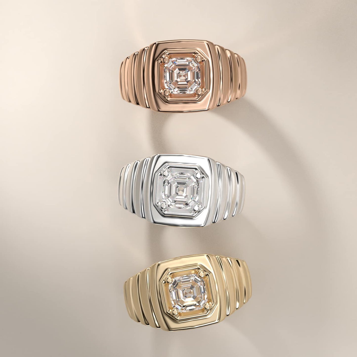Men's Ridged Solitaire Engagement Ring in 18k Rose Gold - Asscher Center