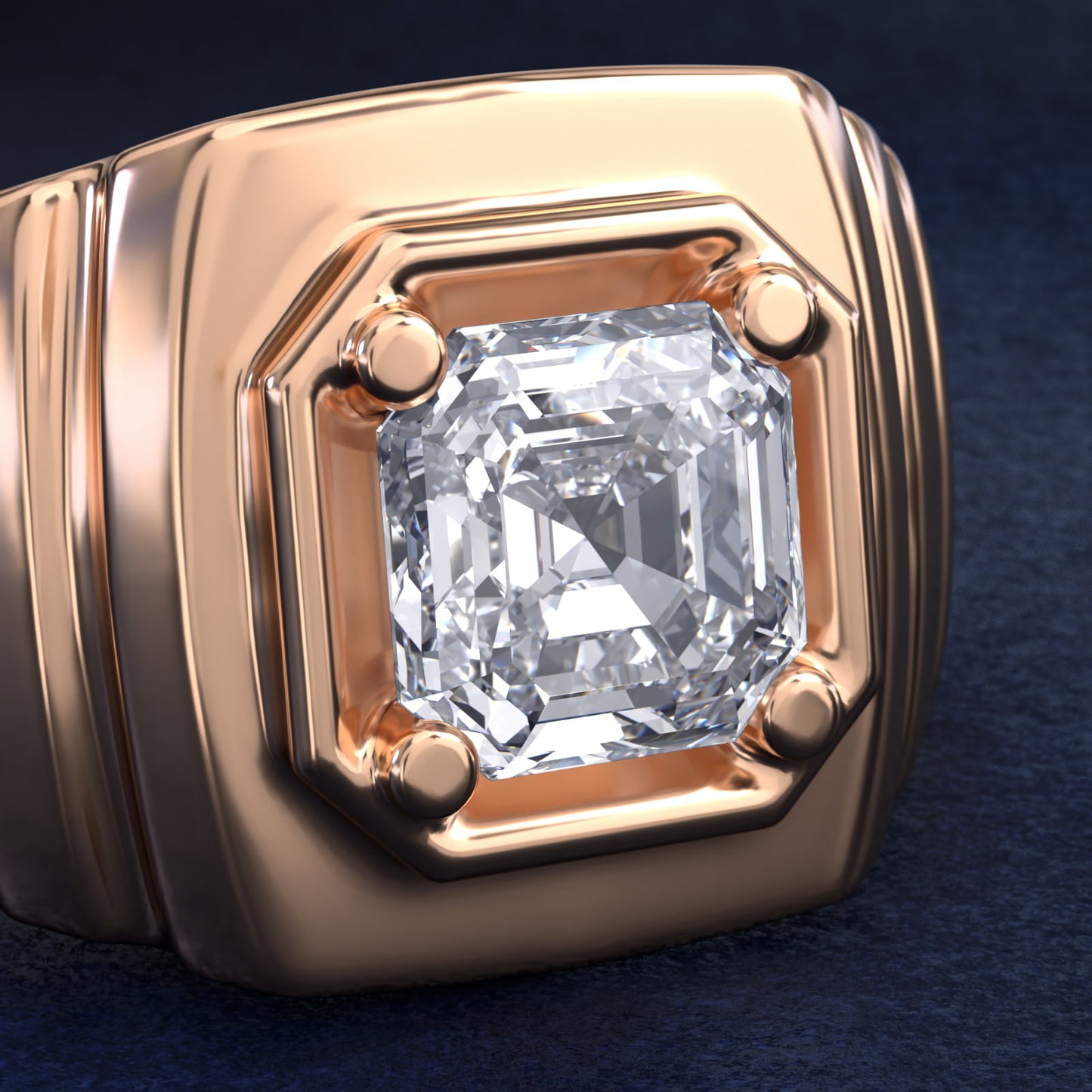 Men's Ridged Solitaire Engagement Ring in 18k Rose Gold - Asscher Center