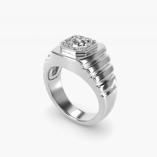 Men's Ridged Solitaire Engagement Ring in 18k White Gold - Asscher Center