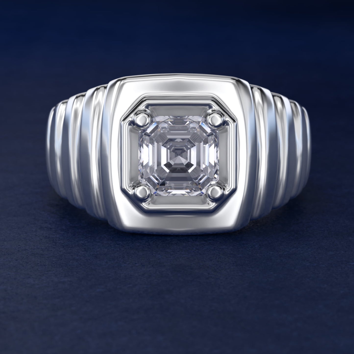 Men's Ridged Solitaire Engagement Ring in 14k White Gold - Asscher Center