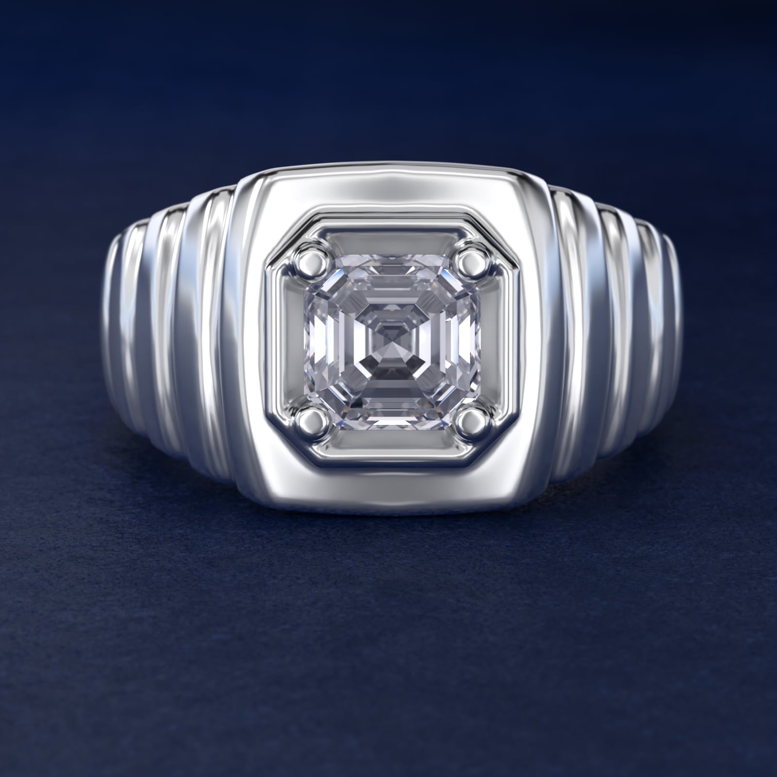 Men's Ridged Solitaire Engagement Ring in 14k White Gold - Asscher Center