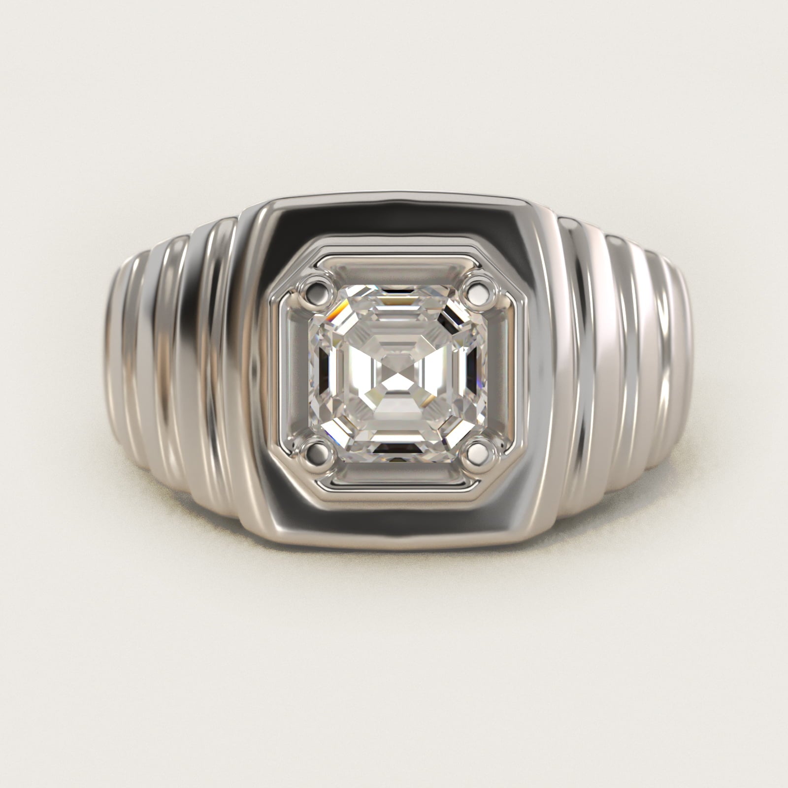 Men's Ridged Solitaire Engagement Ring in 18k White Gold - Asscher Center