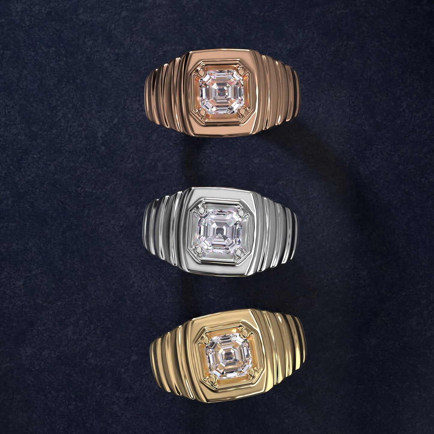 Men's Ridged Solitaire Engagement Ring in 18k White Gold - Asscher Center