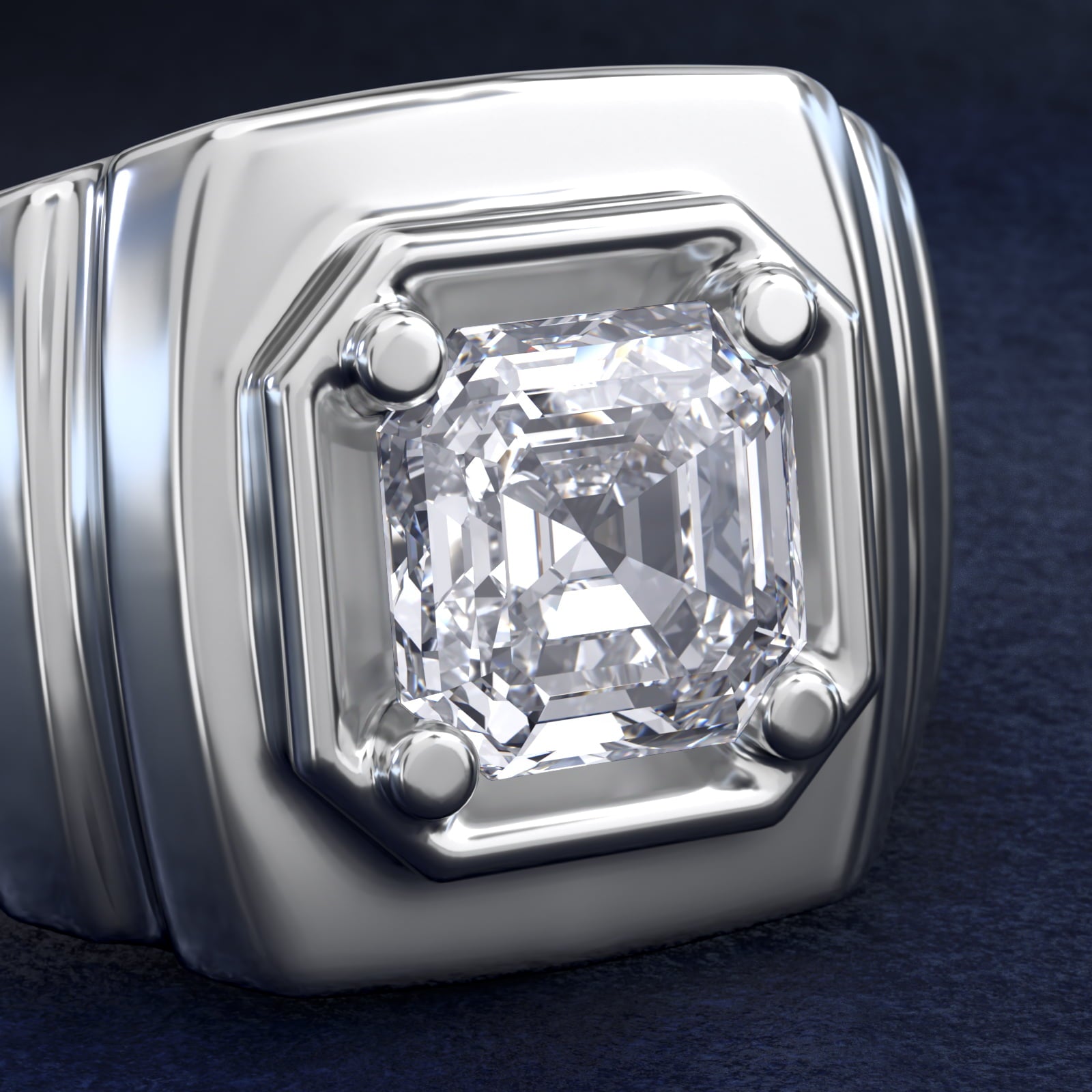 Men's Ridged Solitaire Engagement Ring in 14k White Gold - Asscher Center