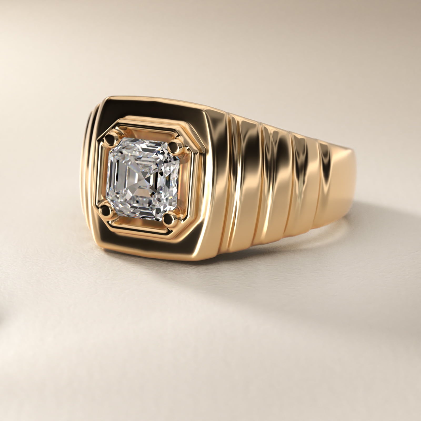 Men's Ridged Solitaire Engagement Ring in 14k Yellow Gold - Asscher Center