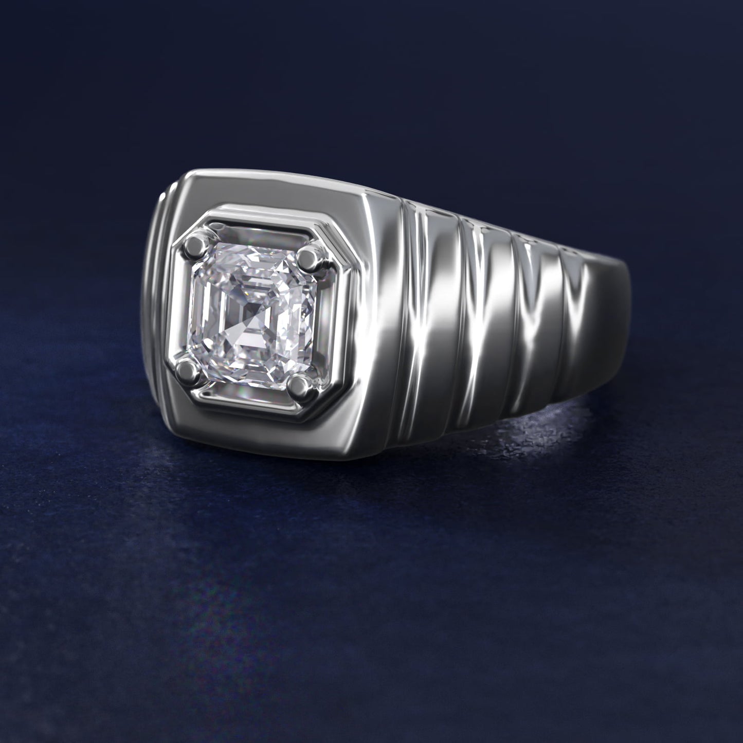 Men's Ridged Solitaire Engagement Ring in Platinum - Asscher Center