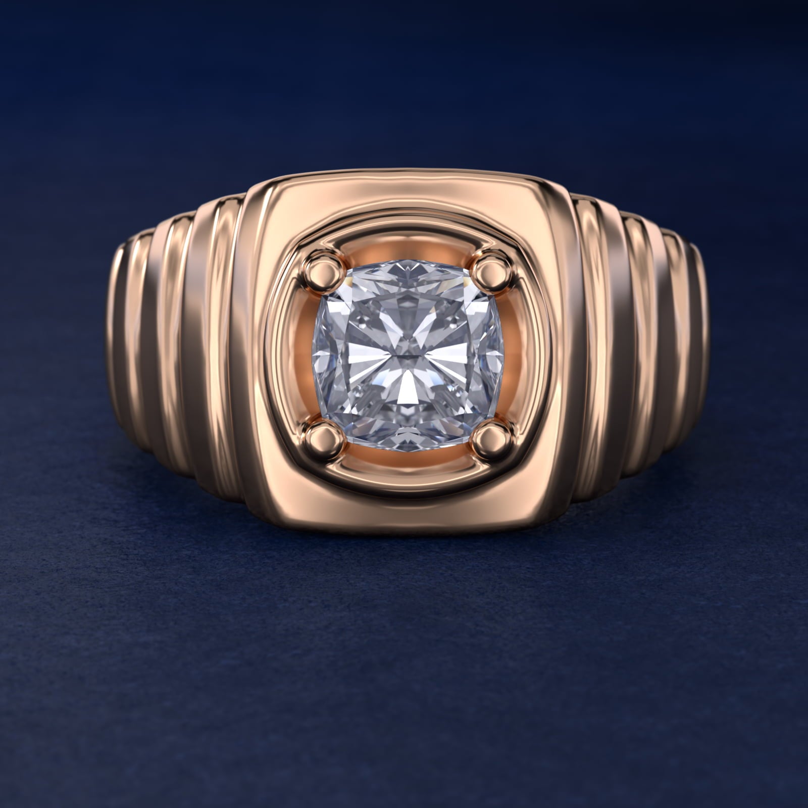Men's Ridged Solitaire Engagement Ring in 14k Rose Gold - Cushion Center