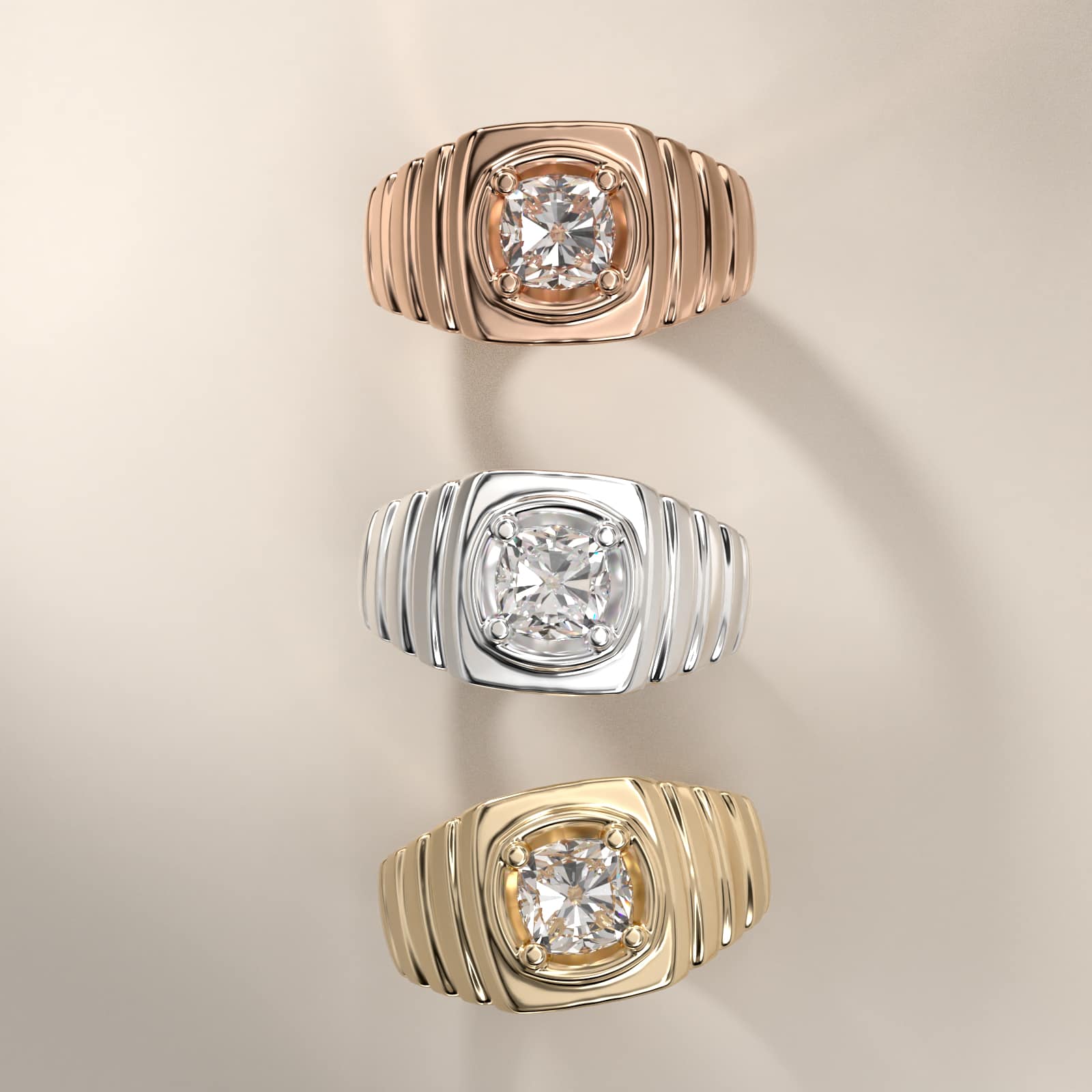 Men's Ridged Solitaire Engagement Ring in 18k Rose Gold - Cushion Center