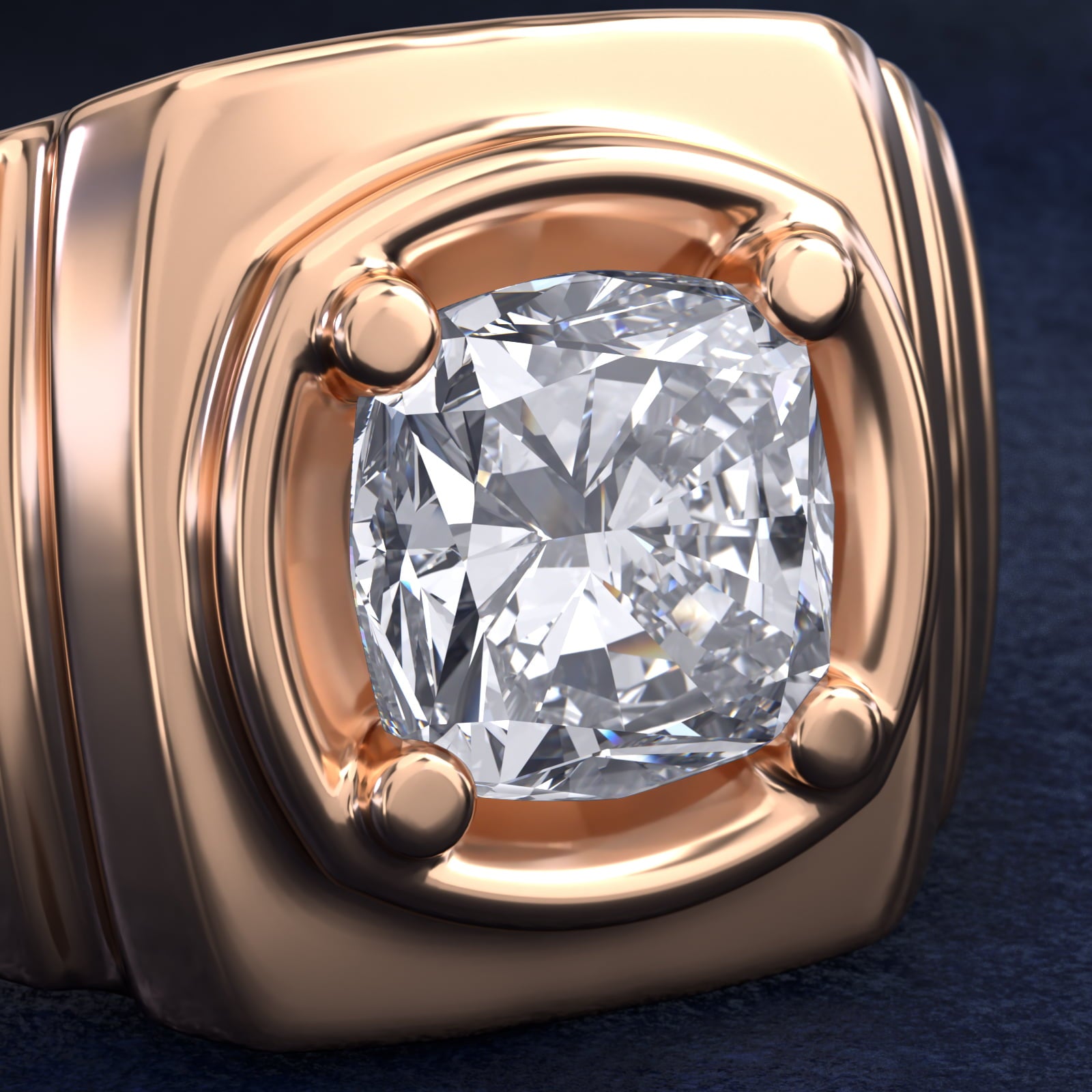 Men's Ridged Solitaire Engagement Ring in 18k Rose Gold - Cushion Center