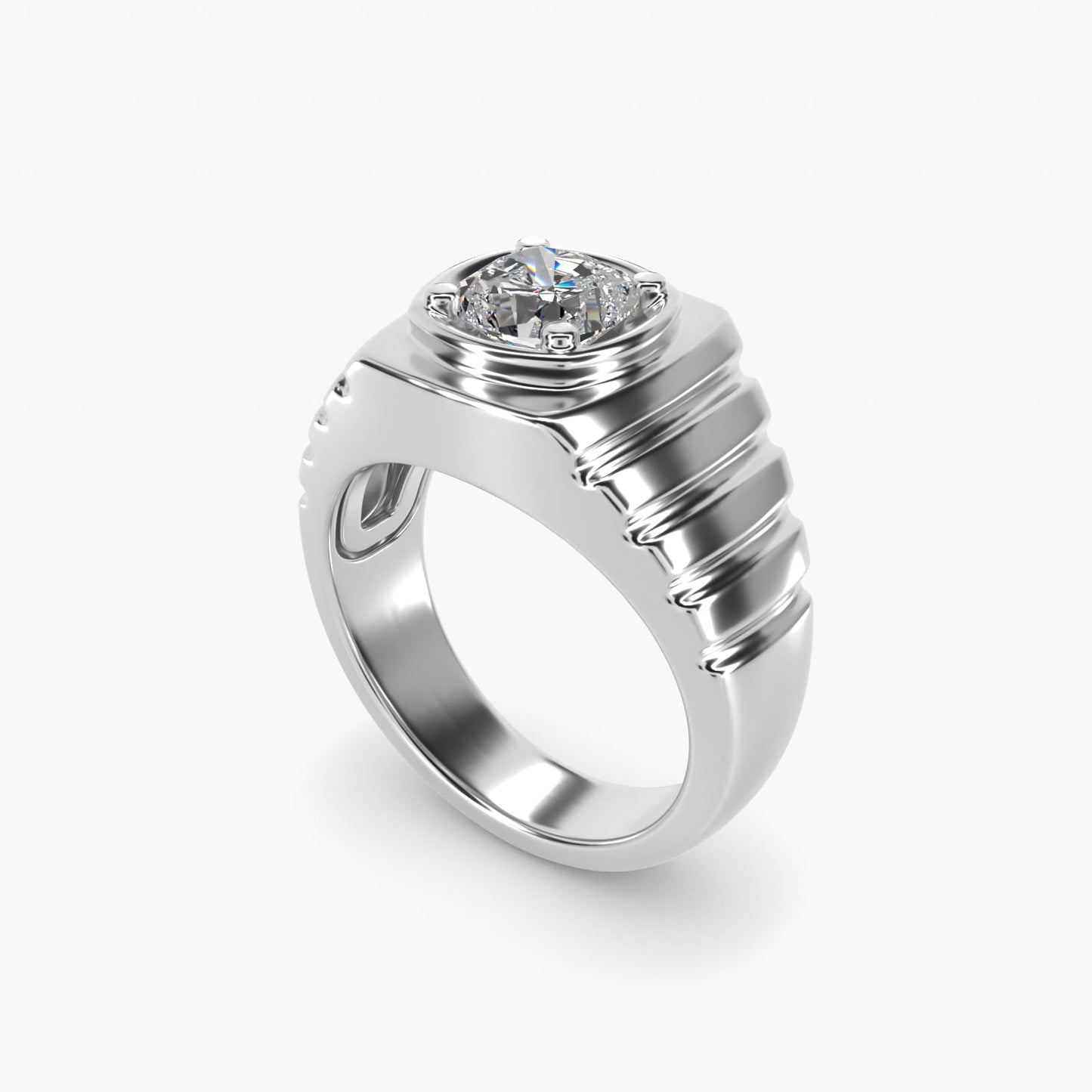 Men's Ridged Solitaire Engagement Ring in 14k White Gold - Cushion Center