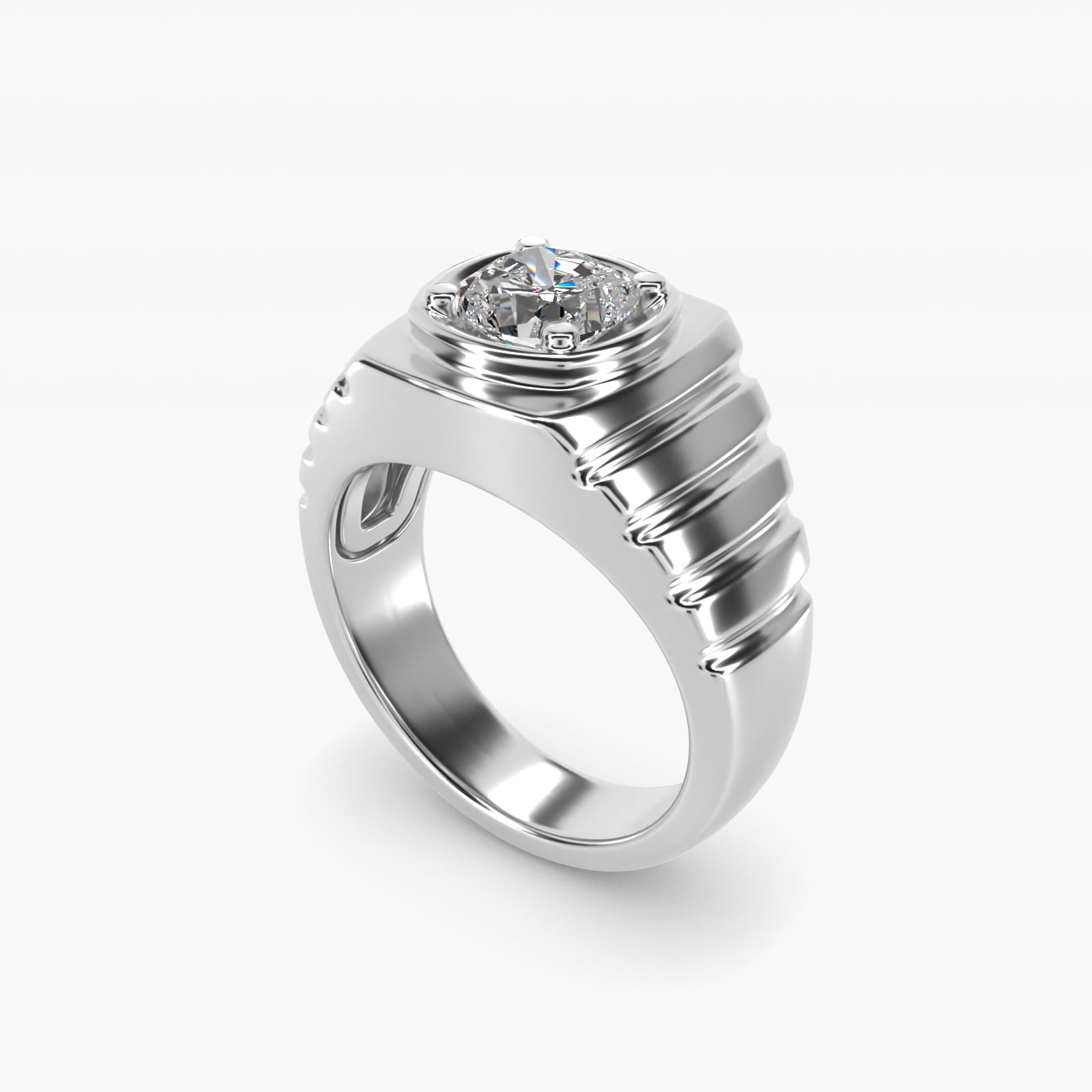 Men's Ridged Solitaire Engagement Ring in 14k White Gold - Cushion Center