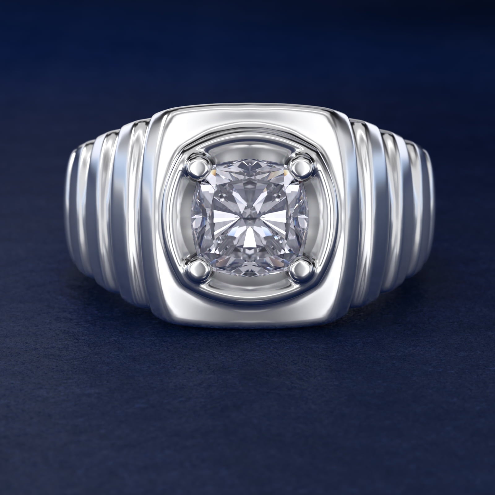 Men's Ridged Solitaire Engagement Ring in 14k White Gold - Cushion Center