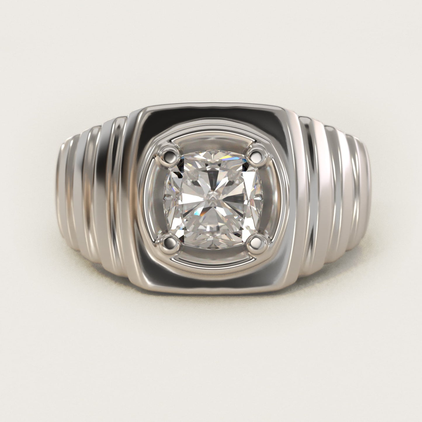 Men's Ridged Solitaire Engagement Ring in 14k White Gold - Cushion Center