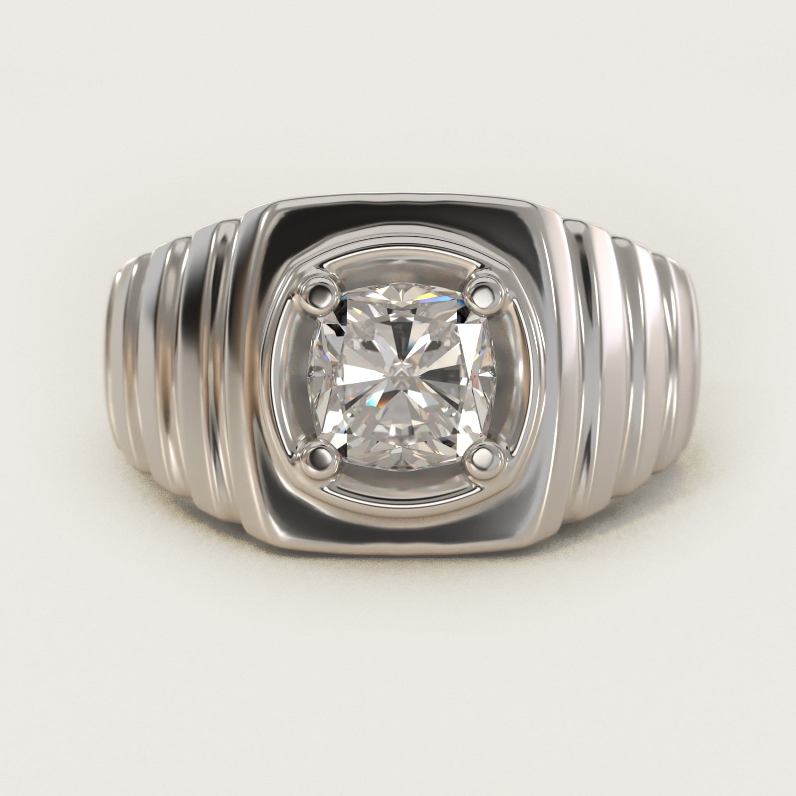 Men's Ridged Solitaire Engagement Ring in 18k White Gold - Cushion Center