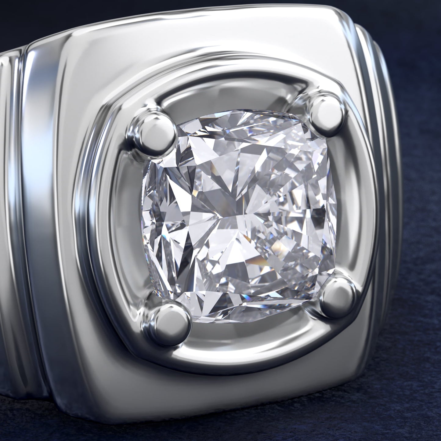 Men's Ridged Solitaire Engagement Ring in 18k White Gold - Cushion Center