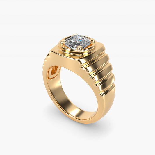Men's Ridged Solitaire Engagement Ring in 18k Yellow Gold - Cushion Center