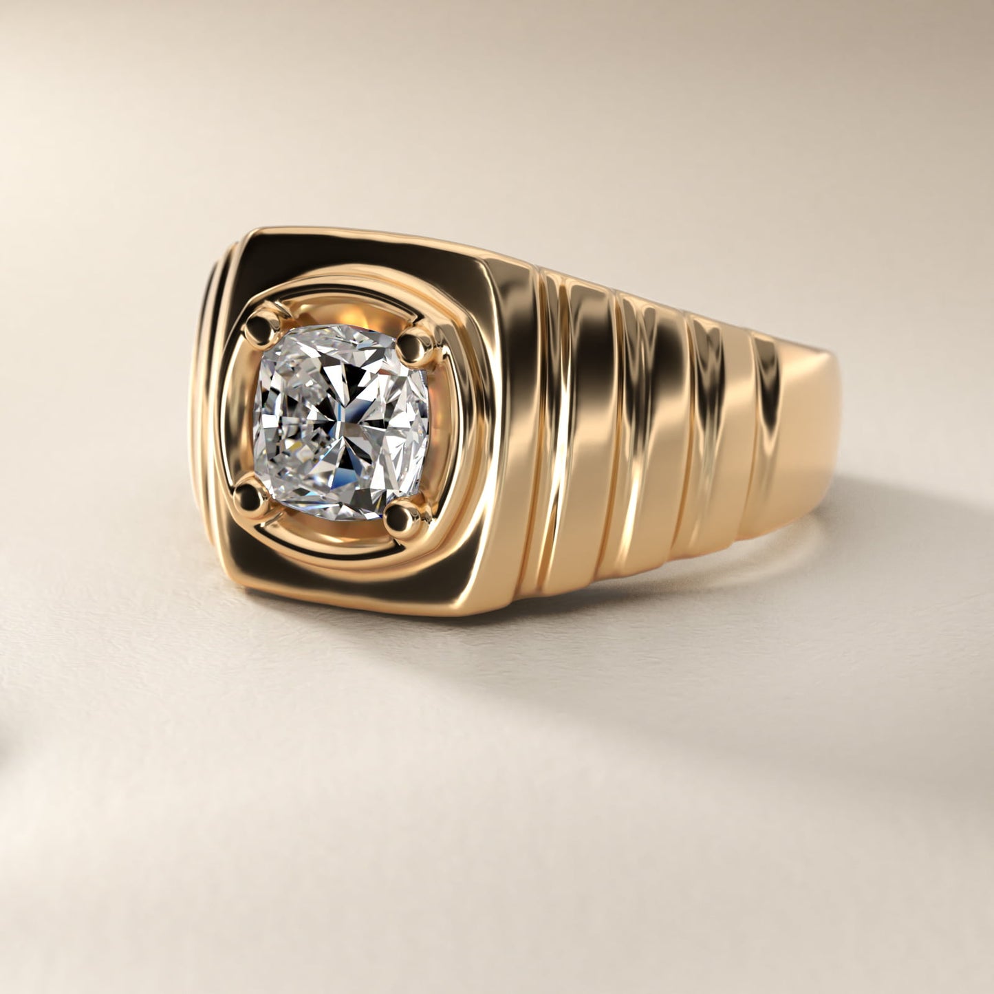Men's Ridged Solitaire Engagement Ring in 18k Yellow Gold - Cushion Center