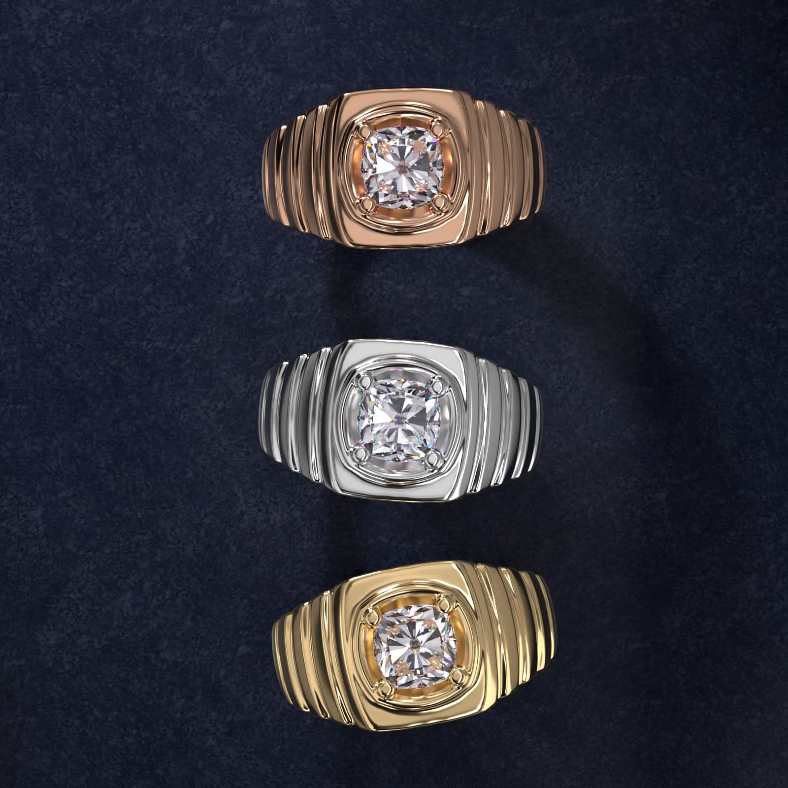 Men's Ridged Solitaire Engagement Ring in 18k Yellow Gold - Cushion Center