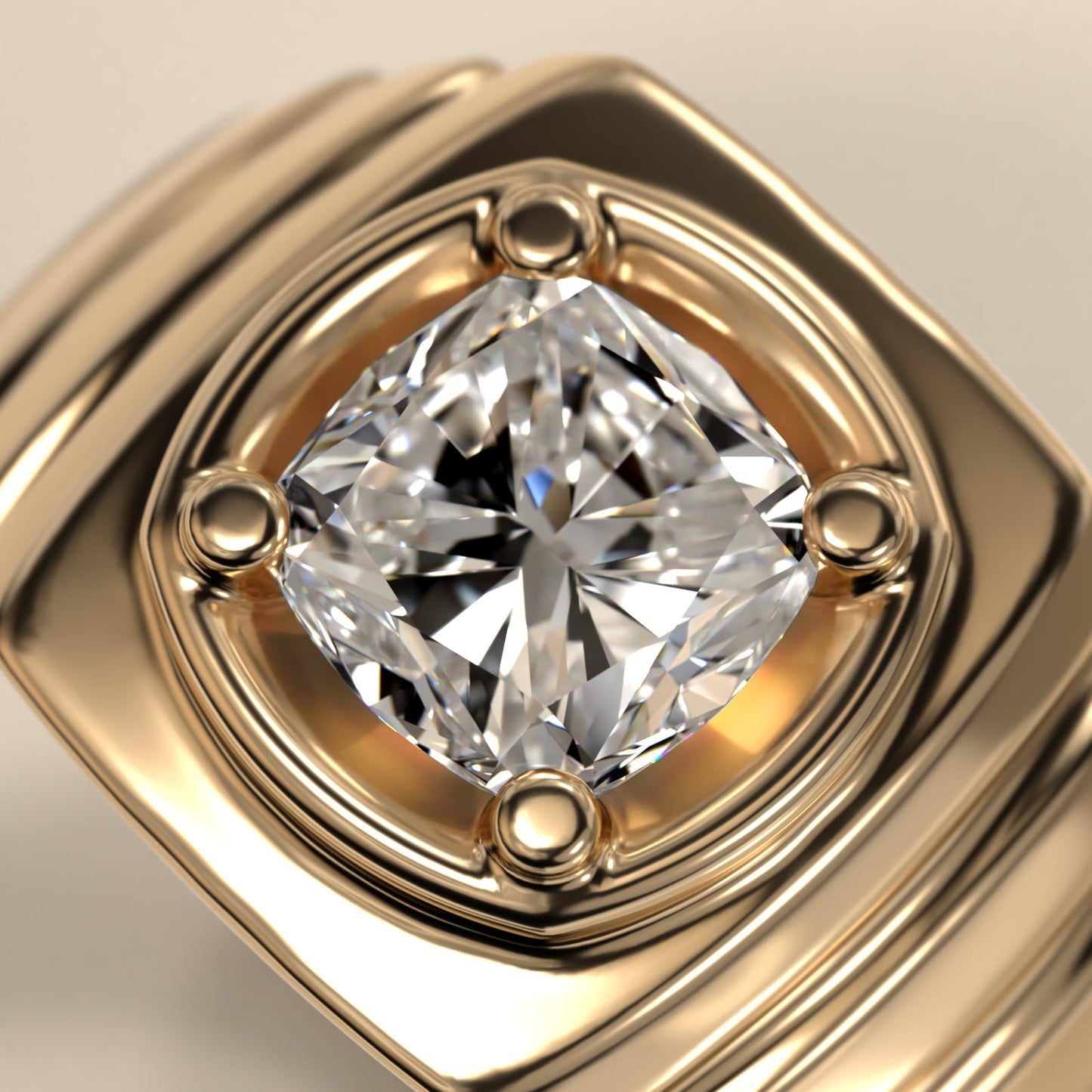Men's Ridged Solitaire Engagement Ring in 14k Yellow Gold - Cushion Center